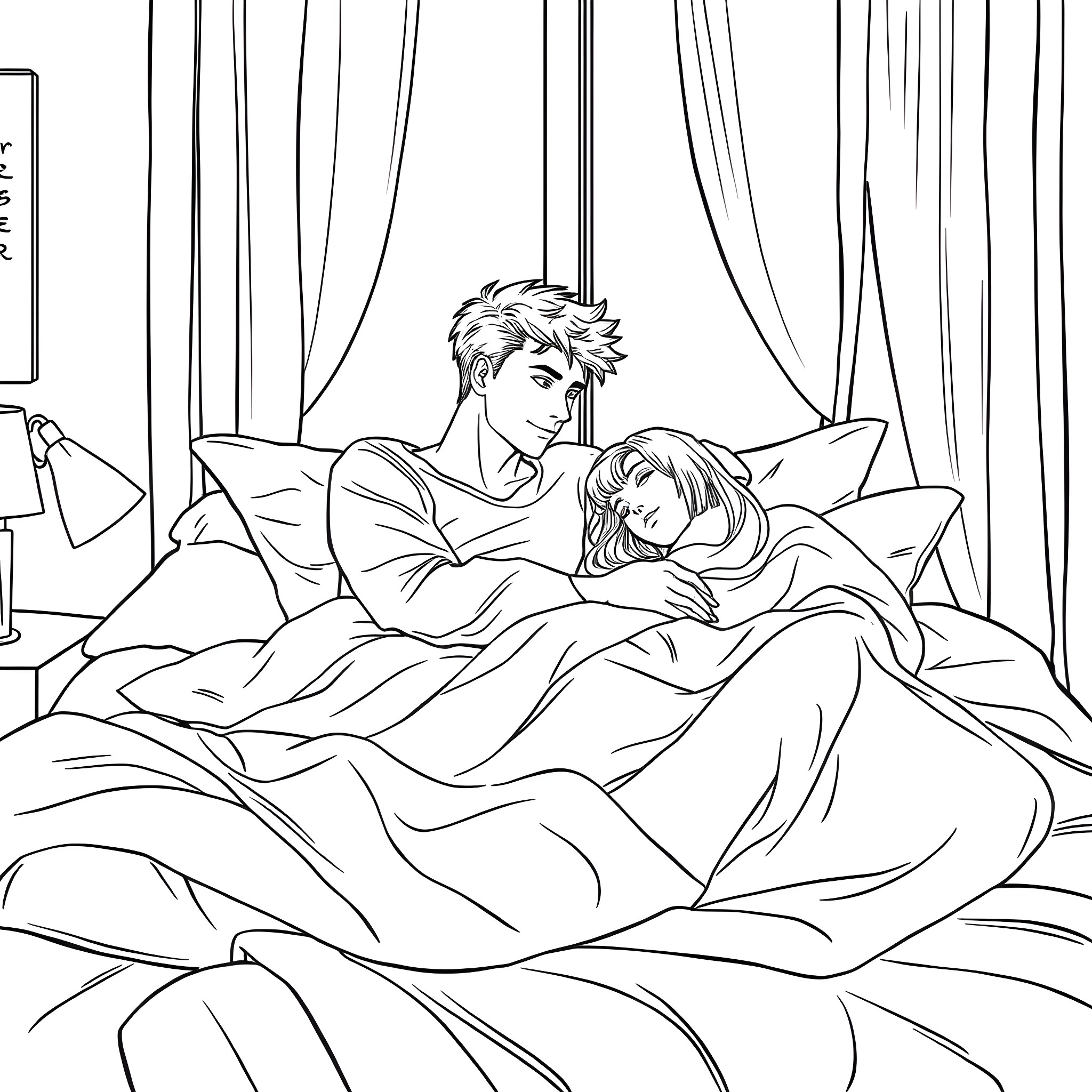 Femboy Couple Cuddling Comfortably in Bed Coloring Page (free black-and-white line drawing printable PDF for all, from beginners to advanced learners, including children, teens, adults, and seniors)