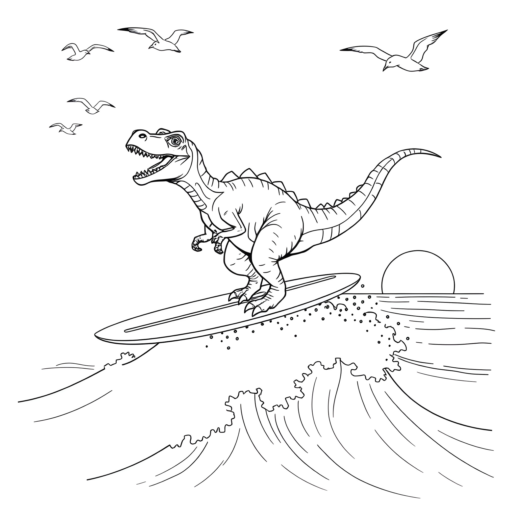 Dinosaur surfing amidst waves and seagulls Coloring Page (free black-and-white line drawing printable PDF for all, from beginners to advanced learners, including children, teens, adults, and seniors)