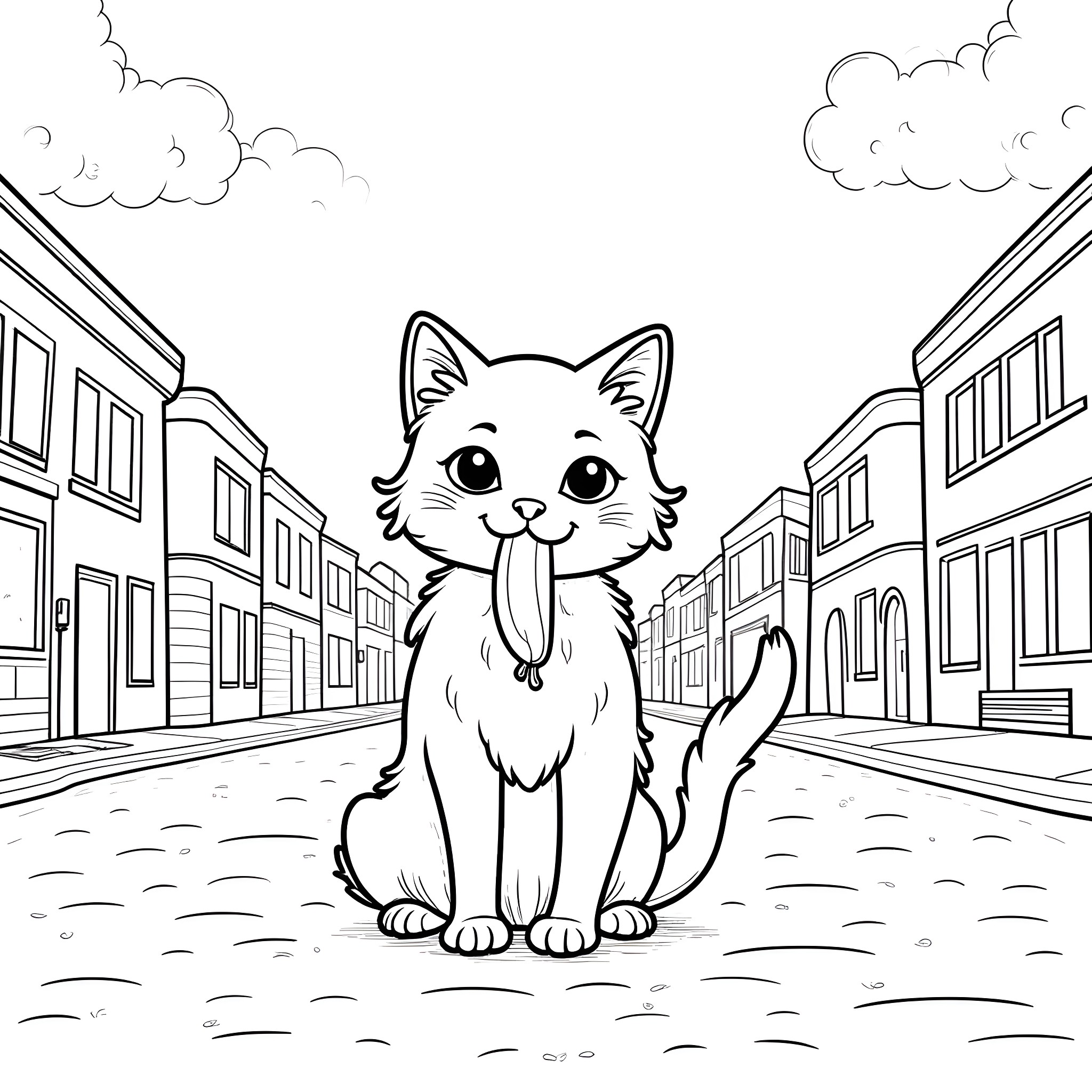 Cat sitting in an urban street Coloring Page (free black-and-white line drawing printable PDF for all, from beginners to advanced learners, including children, teens, adults, and seniors)