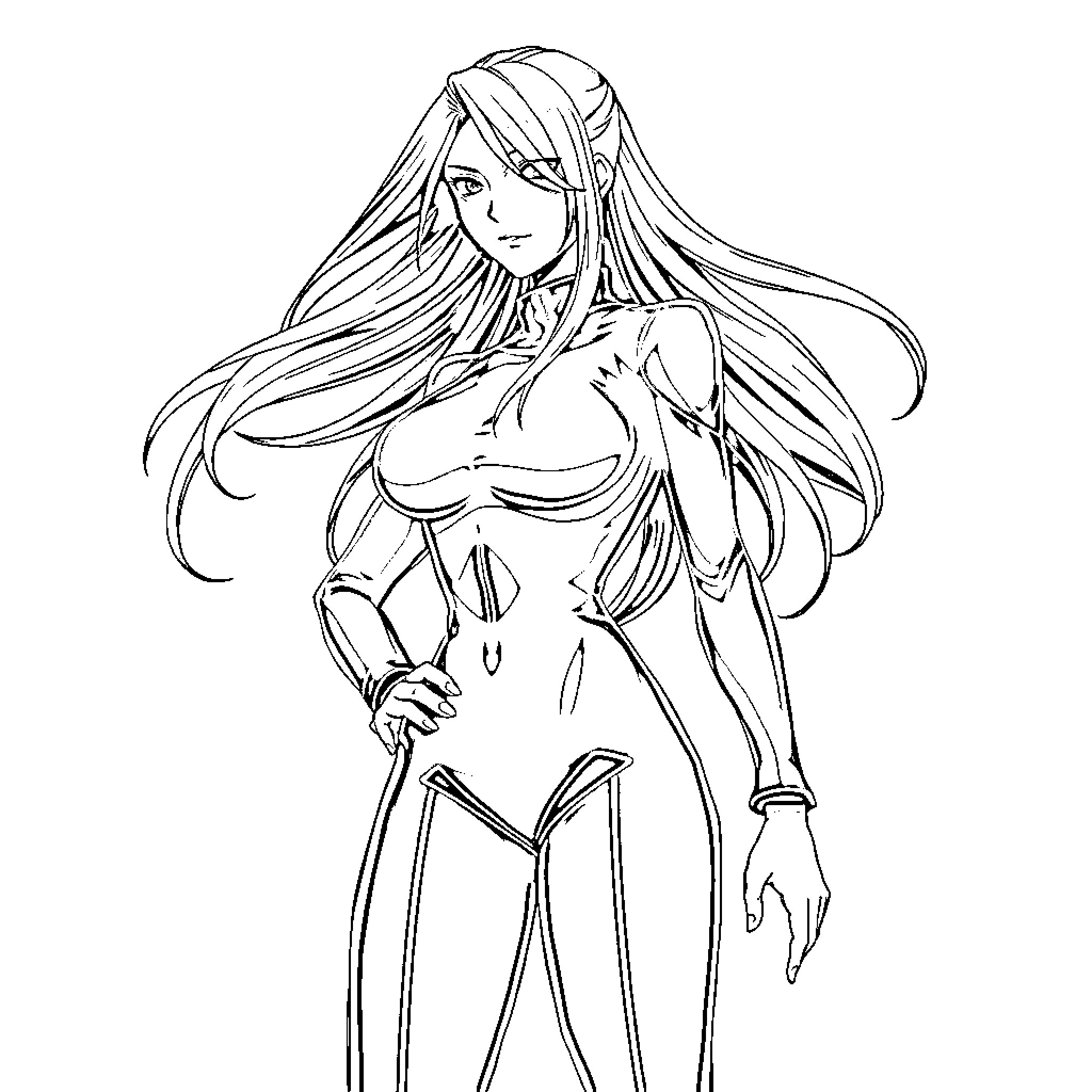 Yoruichi in action-packed pose with long hair Coloring Page (free black-and-white line drawing printable PDF for all, from beginners to advanced learners, including children, teens, adults, and seniors)