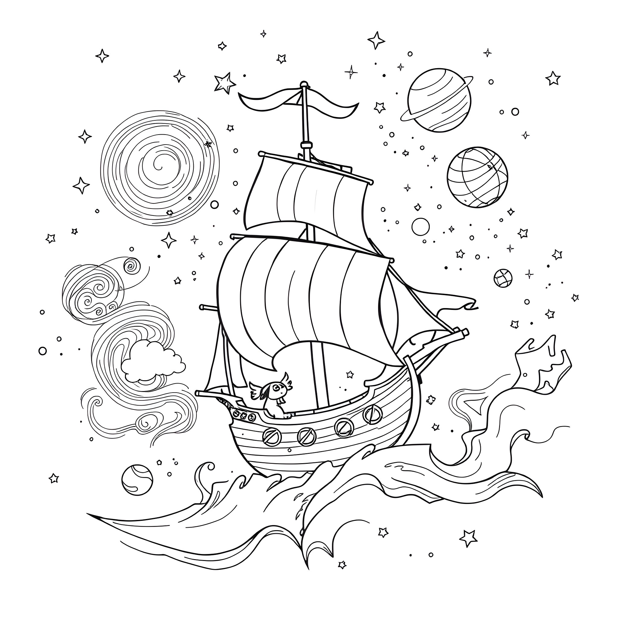 Pirate Ship Sailing Through Cosmic Waves Coloring Page (free black-and-white line drawing printable PDF for all, from beginners to advanced learners, including children, teens, adults, and seniors)