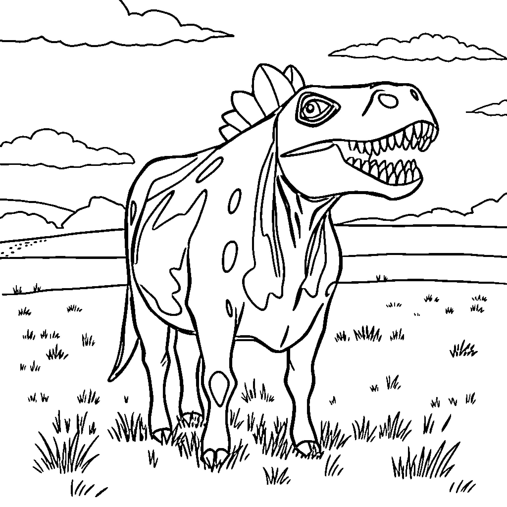 Cow dinosaur roaming in the field Coloring Page (free black-and-white line drawing printable PDF for all, from beginners to advanced learners, including children, teens, adults, and seniors)