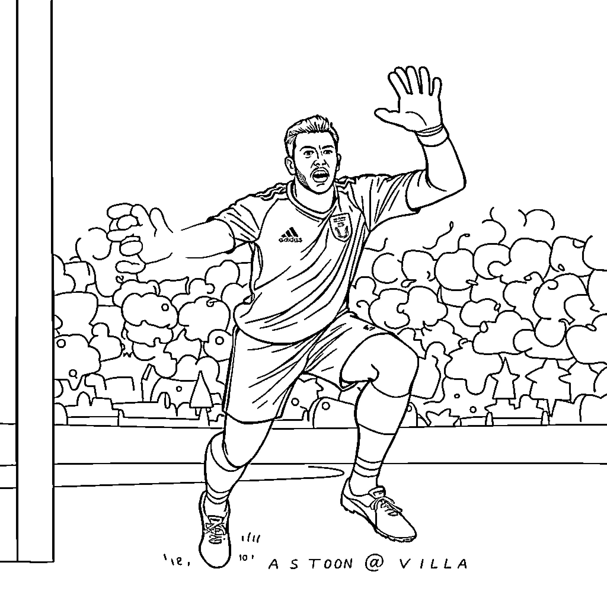 Goalkeeper celebrating a victory on the field Coloring Page (free black-and-white line drawing printable PDF for all, from beginners to advanced learners, including children, teens, adults, and seniors)