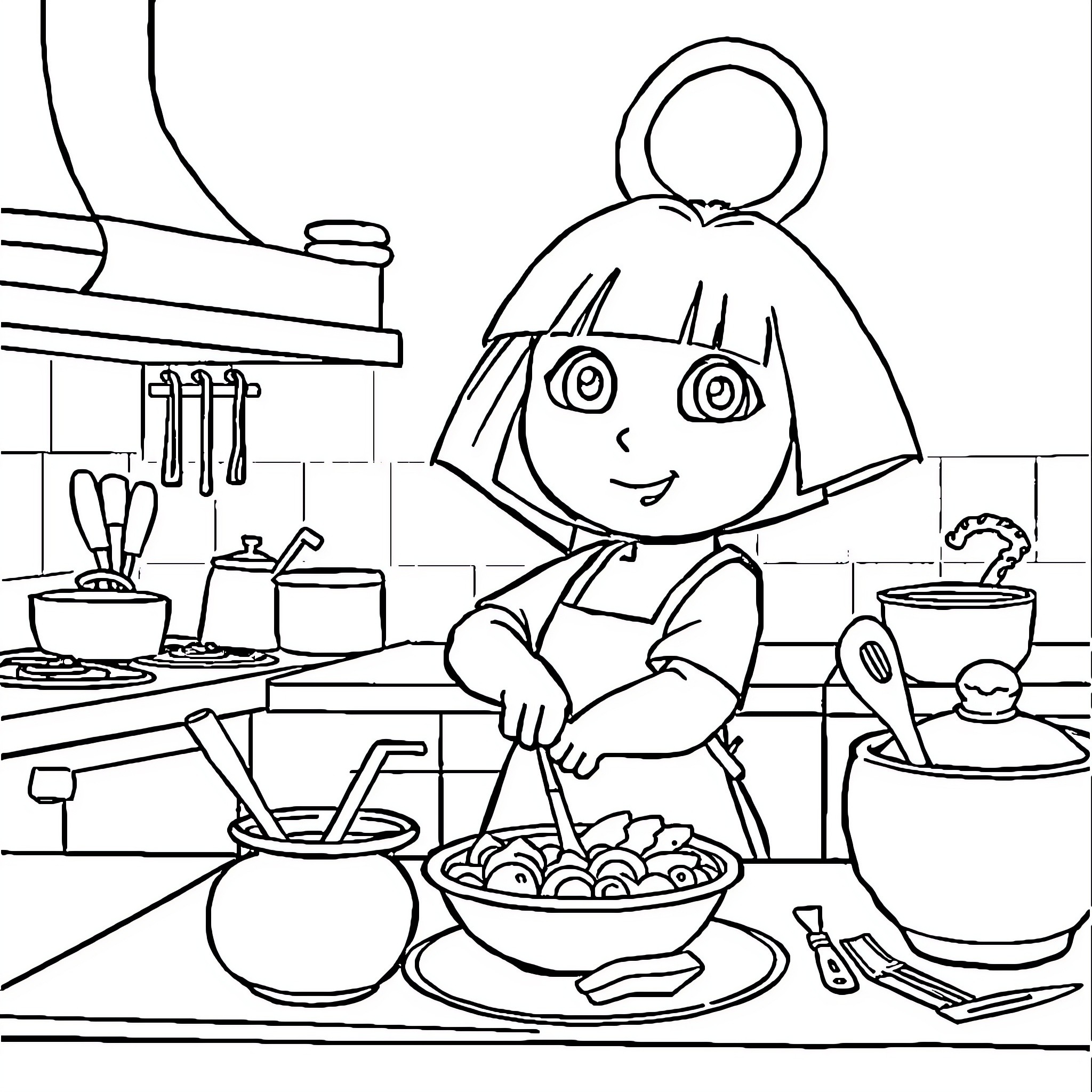 Dora helping in the kitchen with cooking utensils Coloring Page (free black-and-white line drawing printable PDF for all, from beginners to advanced learners, including children, teens, adults, and seniors)