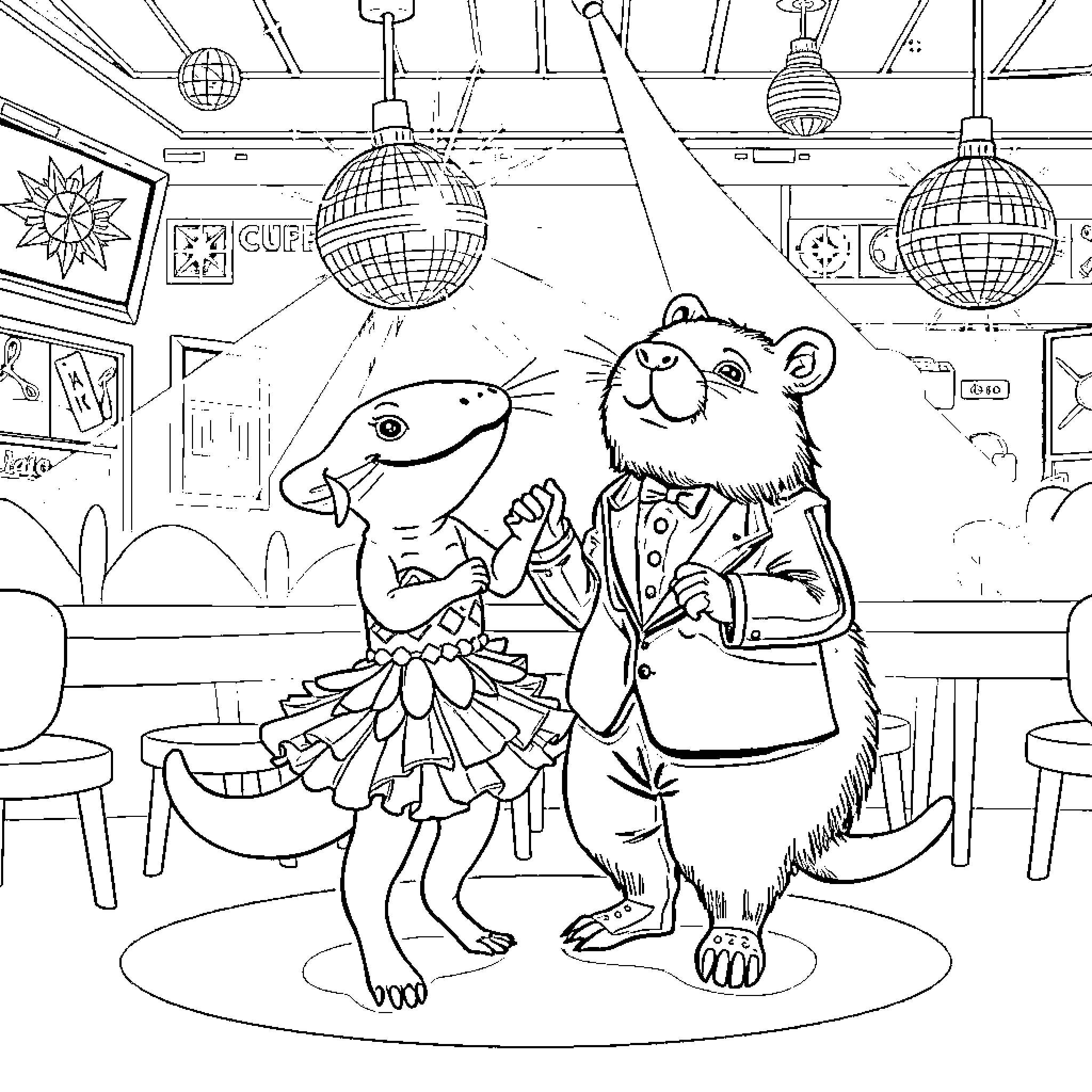 Axolotl Enjoying a Party with Friends Coloring Page (free black-and-white line drawing printable PDF for all, from beginners to advanced learners, including children, teens, adults, and seniors)