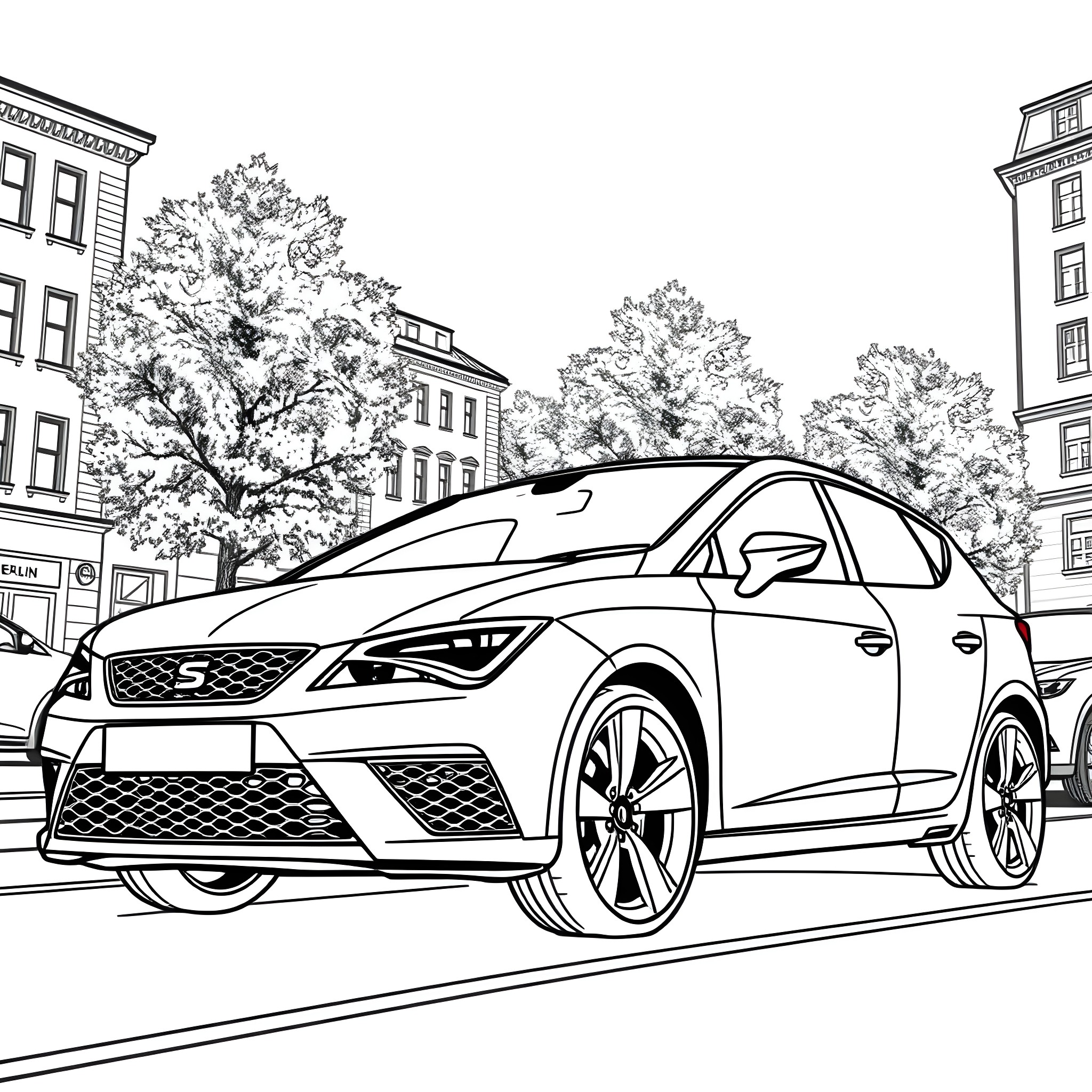 Seat Leon sports hatchback on city street Coloring Page (free black-and-white line drawing printable PDF for all, from beginners to advanced learners, including children, teens, adults, and seniors)