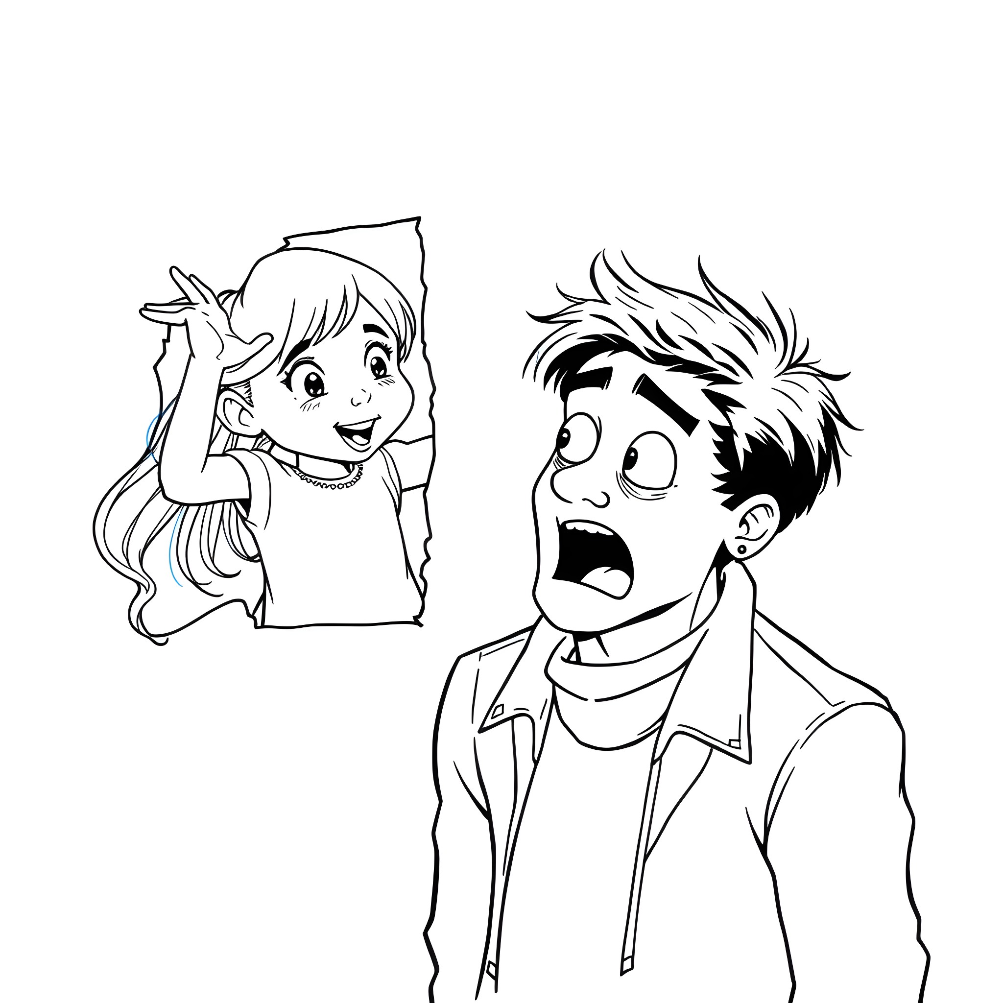 Girl peeking out and surprising boy Coloring Page (free black-and-white line drawing printable PDF for all, from beginners to advanced learners, including children, teens, adults, and seniors)