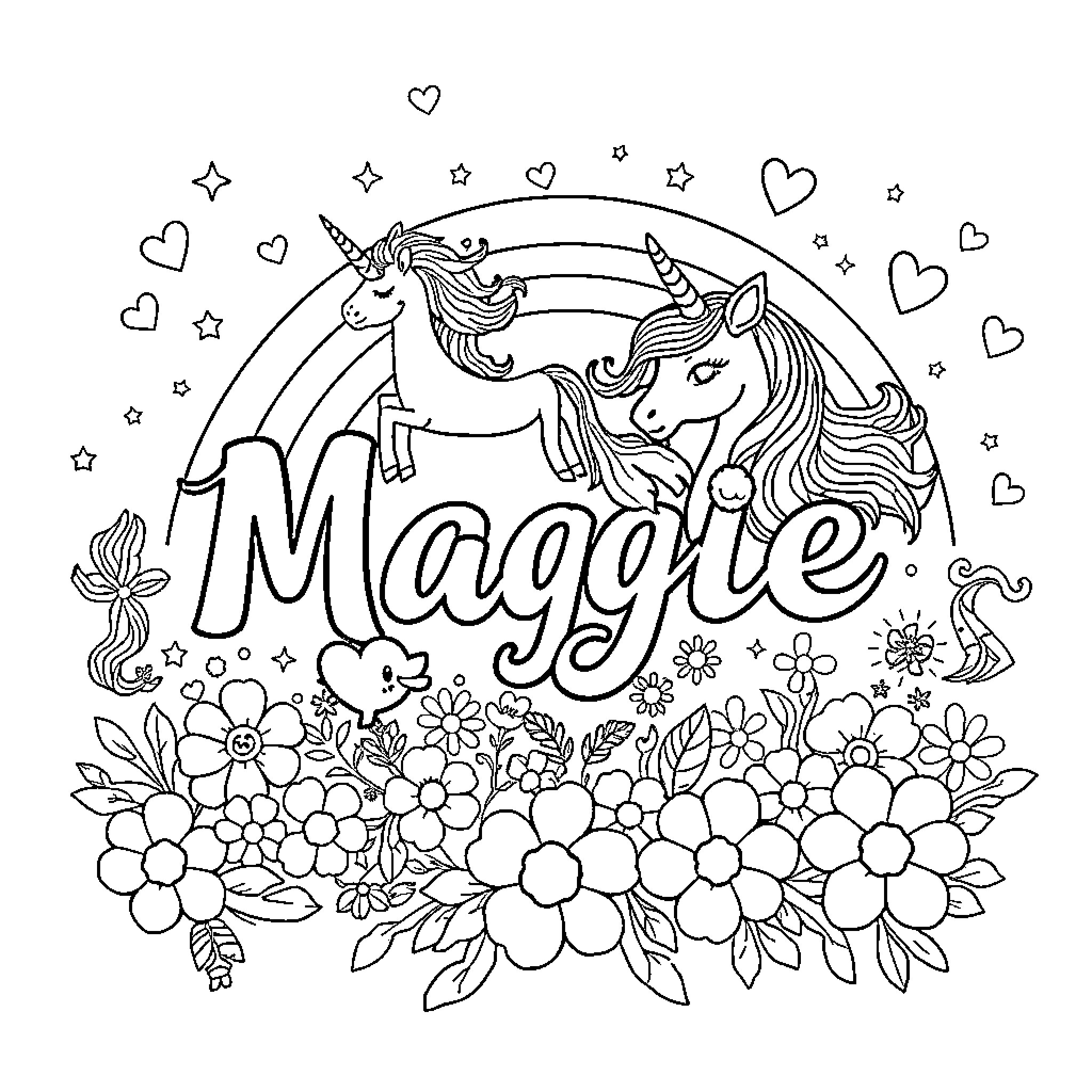 Maggie's Magical Unicorns in a Floral Wonderland Coloring Page (free black-and-white line drawing printable PDF for all, from beginners to advanced learners, including children, teens, adults, and seniors)