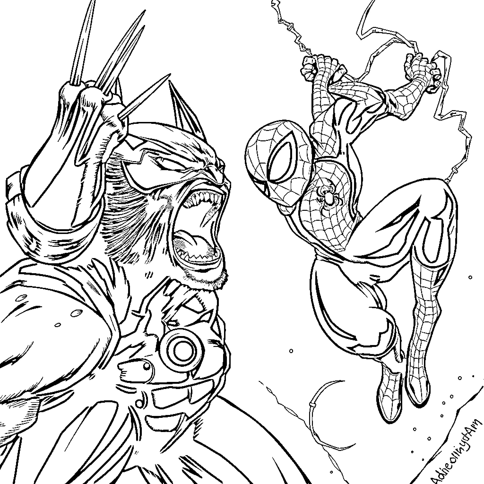 Wolverine confronted by Spider-Man in fierce battle Coloring Page (free black-and-white line drawing printable PDF for all, from beginners to advanced learners, including children, teens, adults, and seniors)