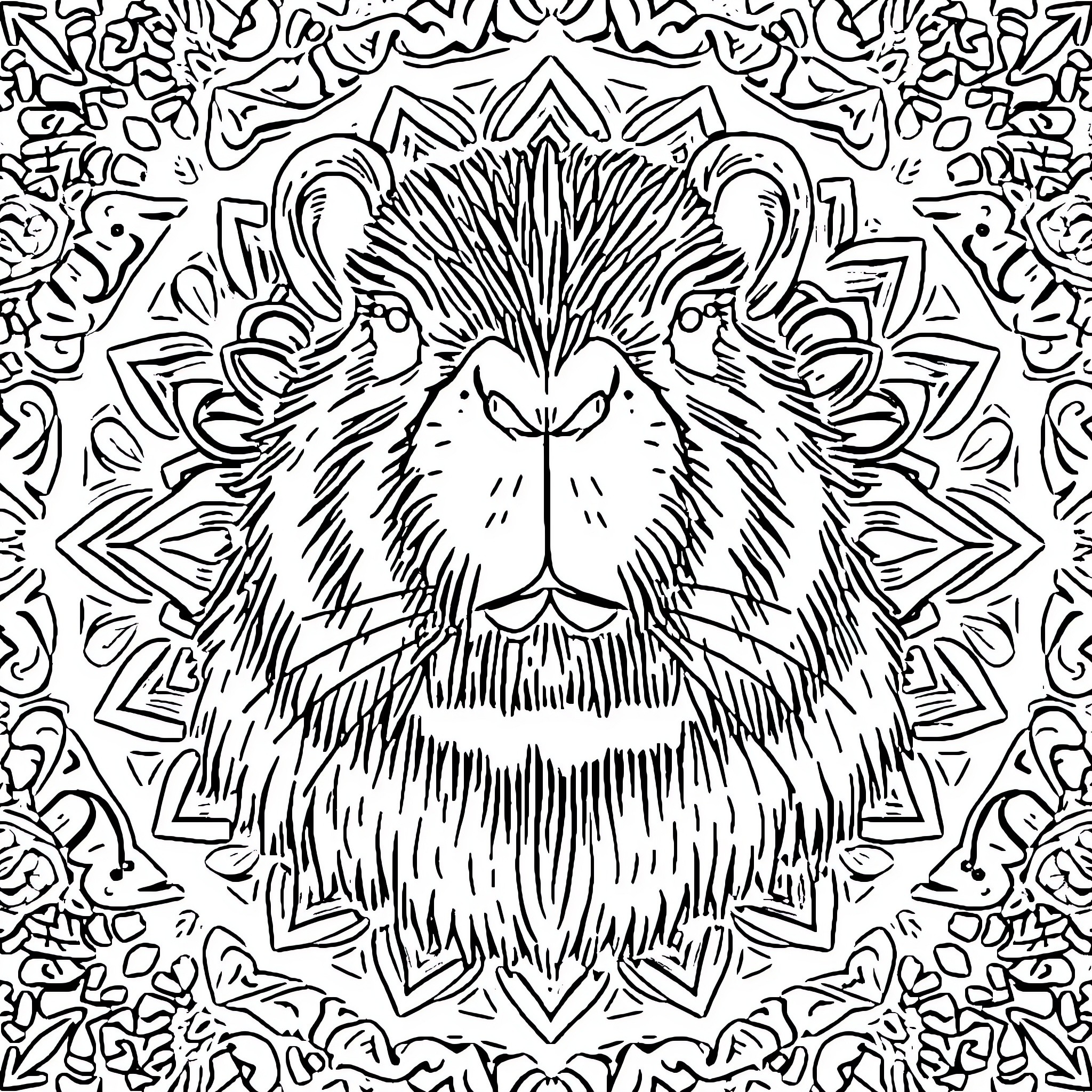 Capybara in a detailed floral mandala pattern Coloring Page (free black-and-white line drawing printable PDF for all, from beginners to advanced learners, including children, teens, adults, and seniors)