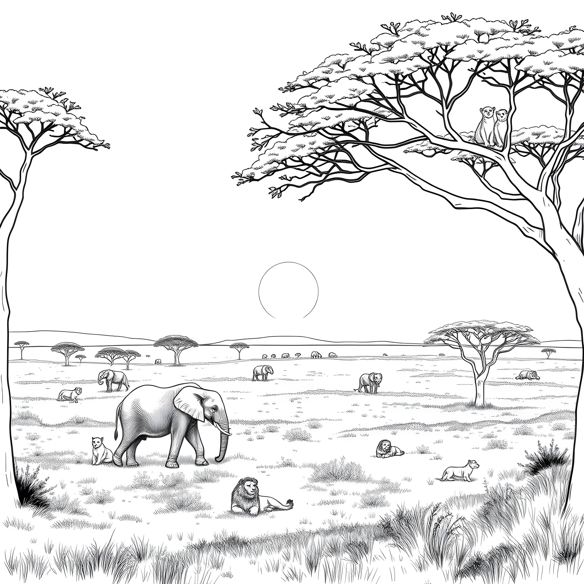 Savanna scene with wildlife and nature Coloring Page (free black-and-white line drawing printable PDF for all, from beginners to advanced learners, including children, teens, adults, and seniors)