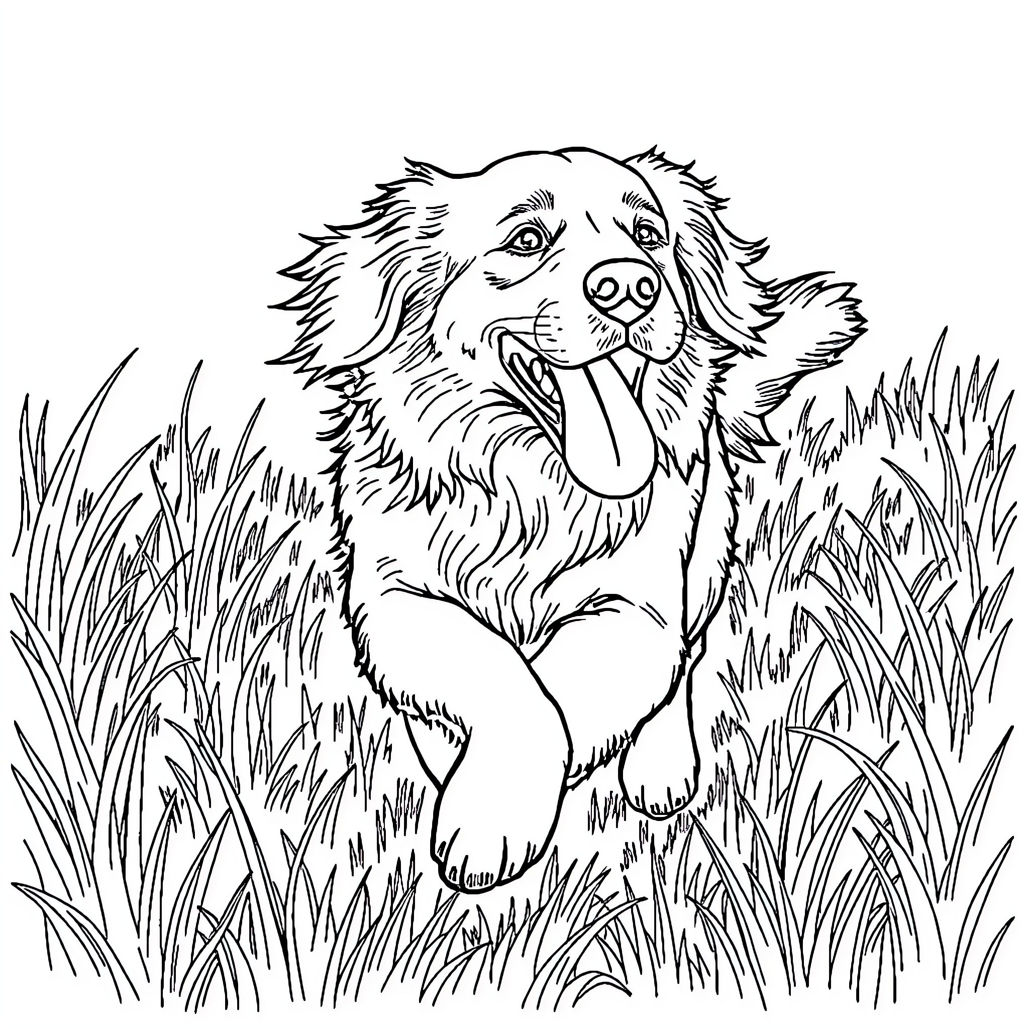 Golden Retriever playing joyfully in the tall grass Coloring Page (free black-and-white line drawing printable PDF for all, from beginners to advanced learners, including children, teens, adults, and seniors)