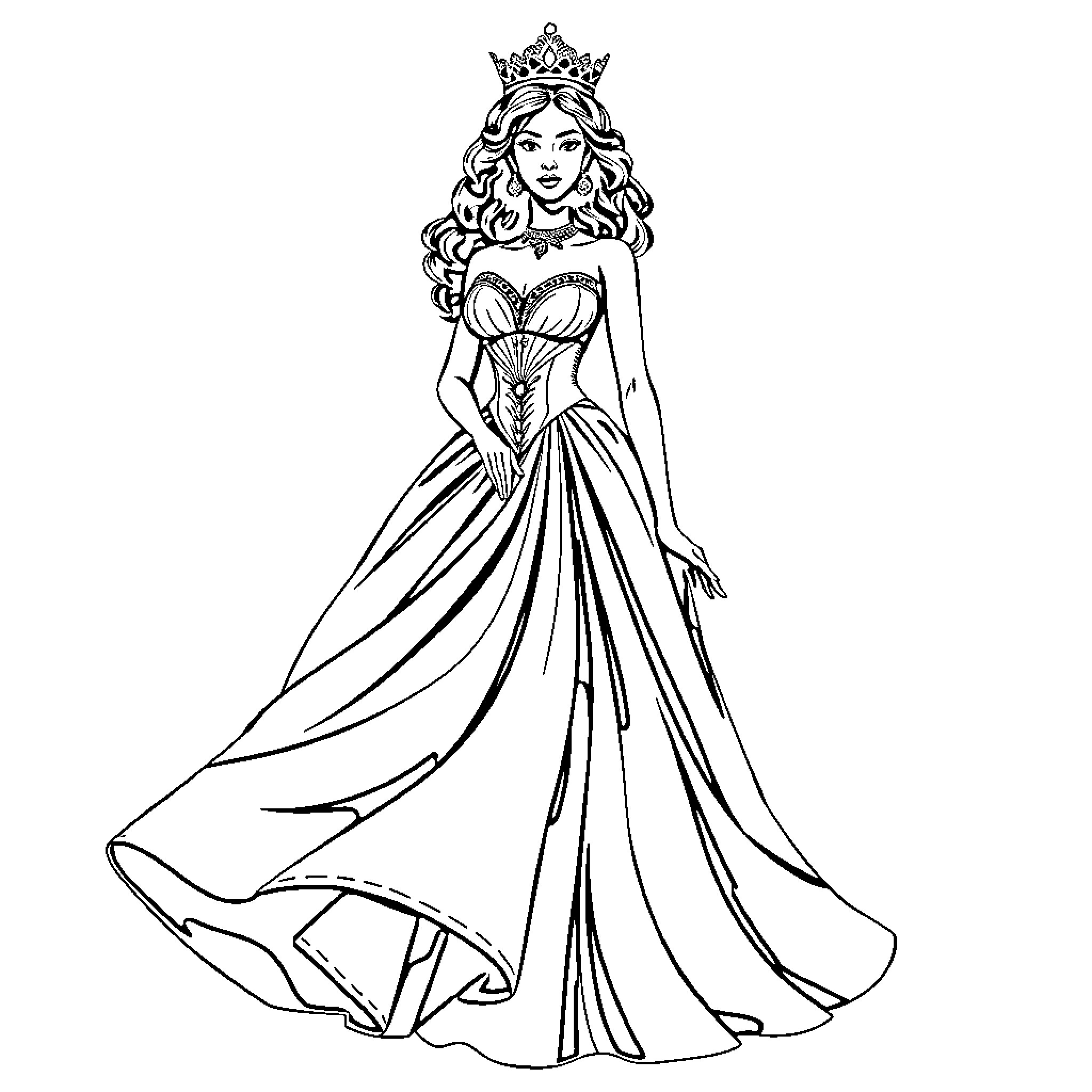 Queen in Elegant Gown with Flowing Dress Coloring Page (free black-and-white line drawing printable PDF for all, from beginners to advanced learners, including children, teens, adults, and seniors)