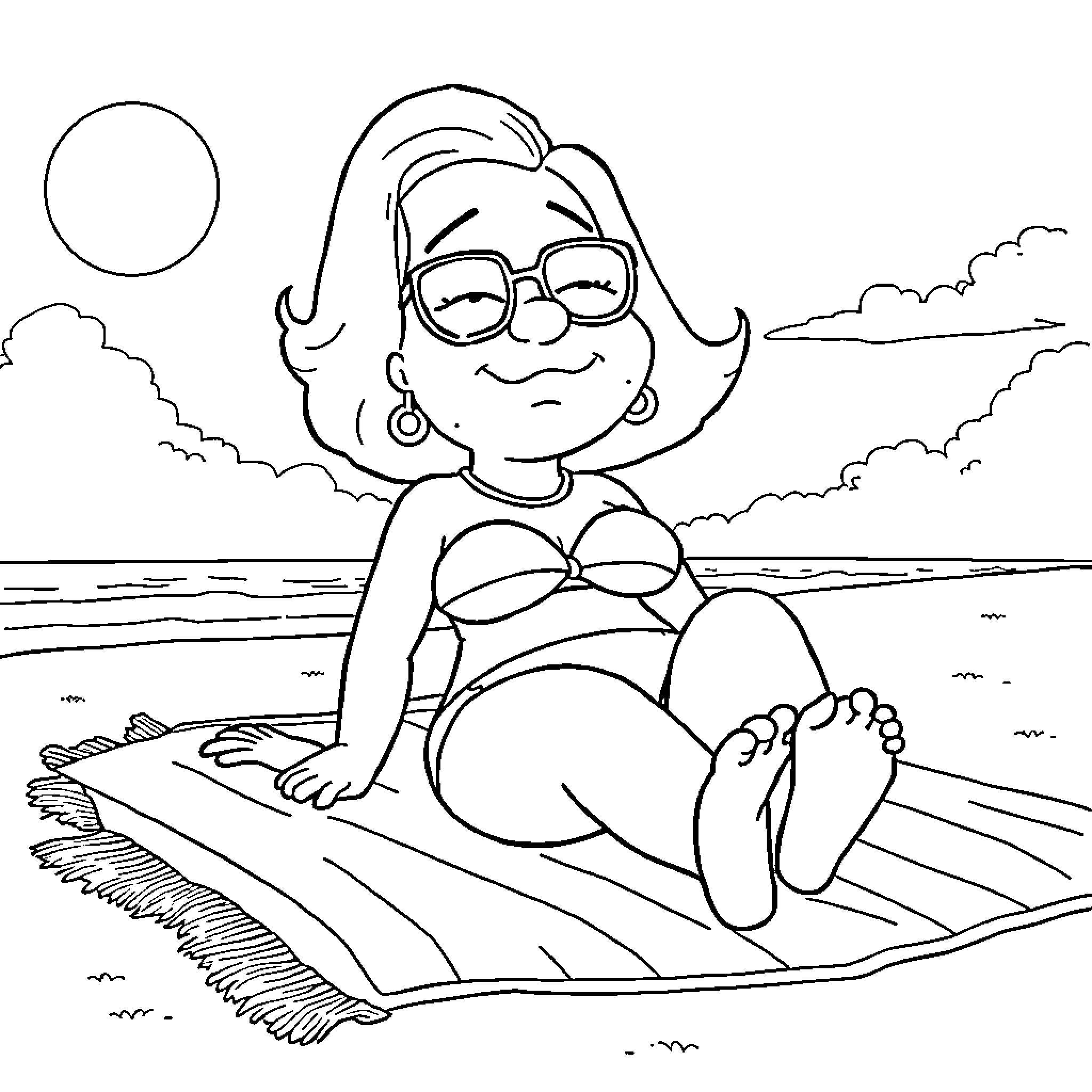 Francine relaxing on the beach Coloring Page (free black-and-white line drawing printable PDF for all, from beginners to advanced learners, including children, teens, adults, and seniors)