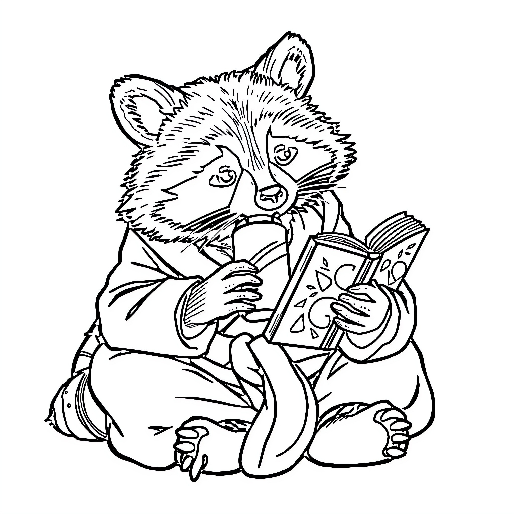 Raccoon reading a book in thought Coloring Page (free black-and-white line drawing printable PDF for all, from beginners to advanced learners, including children, teens, adults, and seniors)