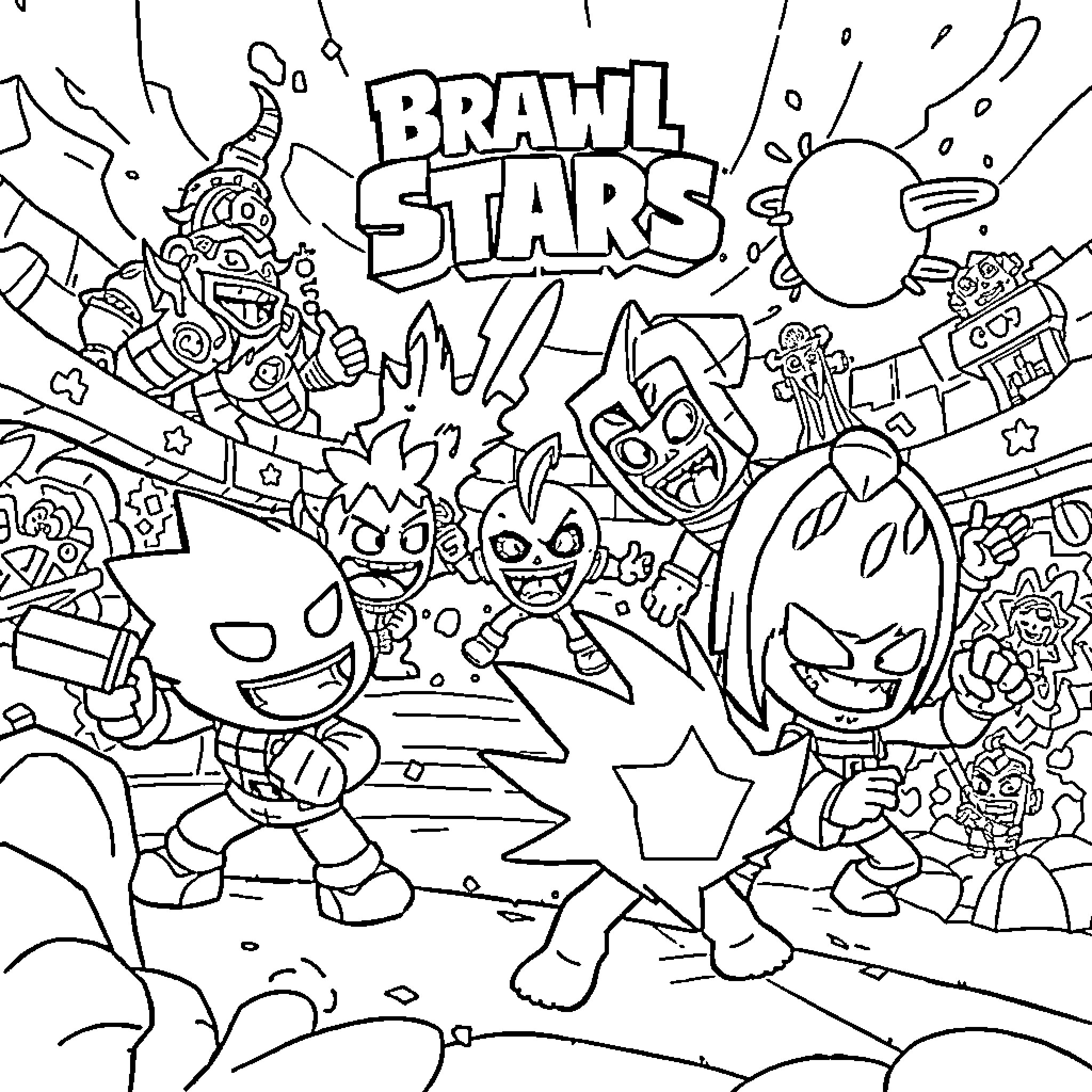 Brawl Stars: Animated Characters in Dynamic Action Coloring Page (free black-and-white line drawing printable PDF for all, from beginners to advanced learners, including children, teens, adults, and seniors)