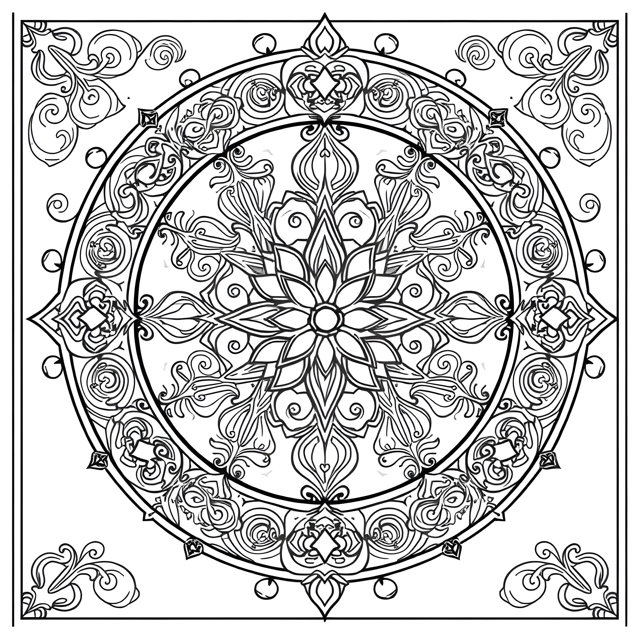 Stained Glass Design with Intricate Floral Pattern Coloring Page (free black-and-white line drawing printable PDF for all, from beginners to advanced learners, including children, teens, adults, and seniors)