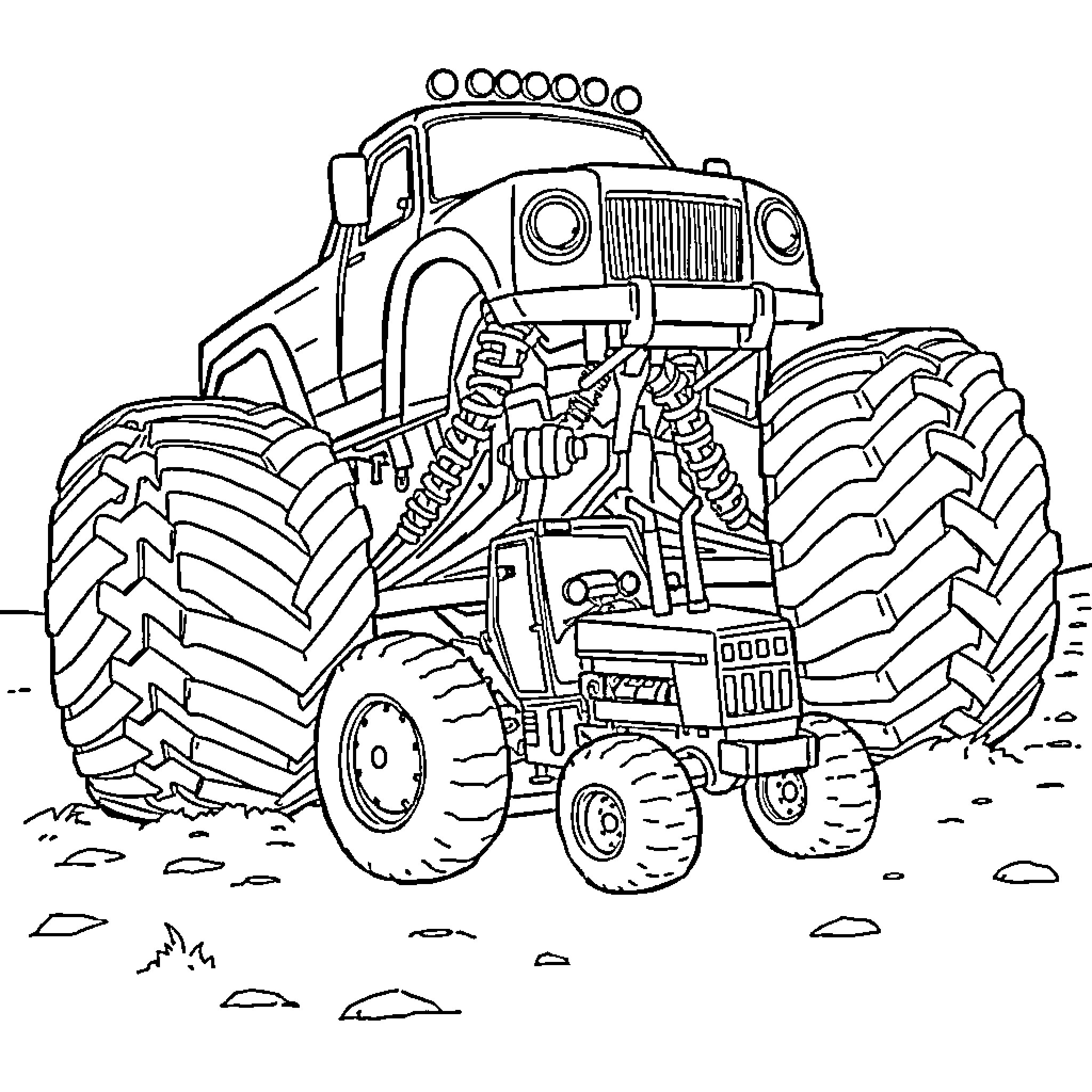 Monster Truck Crushing Terrain in Action Coloring Page (free black-and-white line drawing printable PDF for all, from beginners to advanced learners, including children, teens, adults, and seniors)
