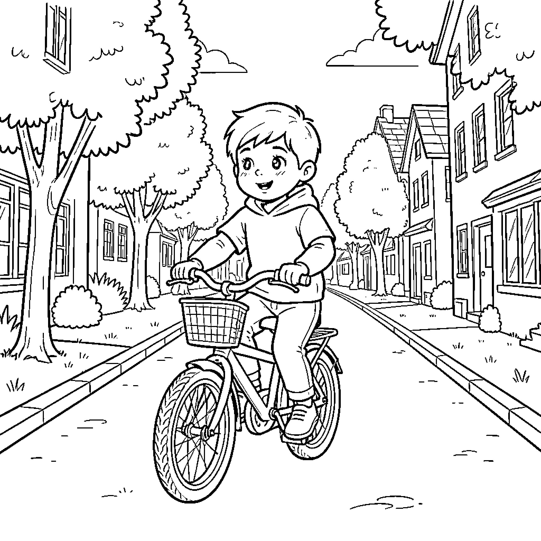 Child riding a bicycle through a quiet neighborhood street Coloring Page (free black-and-white line drawing printable PDF for all, from beginners to advanced learners, including children, teens, adults, and seniors)