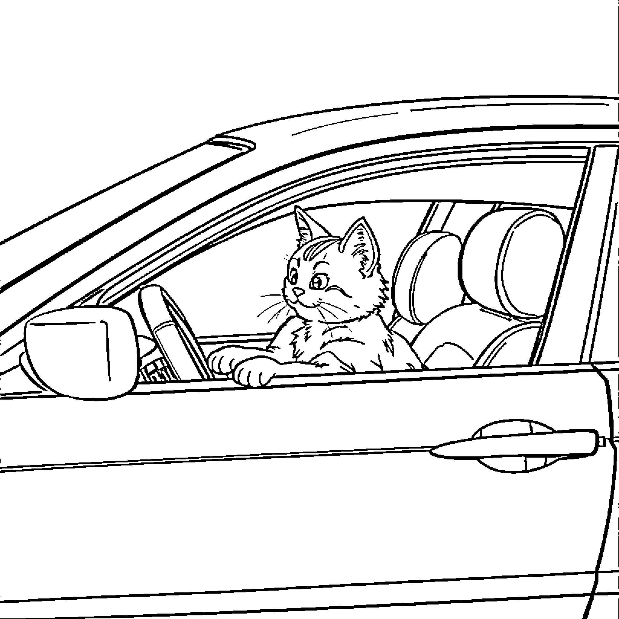 Car with pet cat inside Coloring Page (free black-and-white line drawing printable PDF for all, from beginners to advanced learners, including children, teens, adults, and seniors)