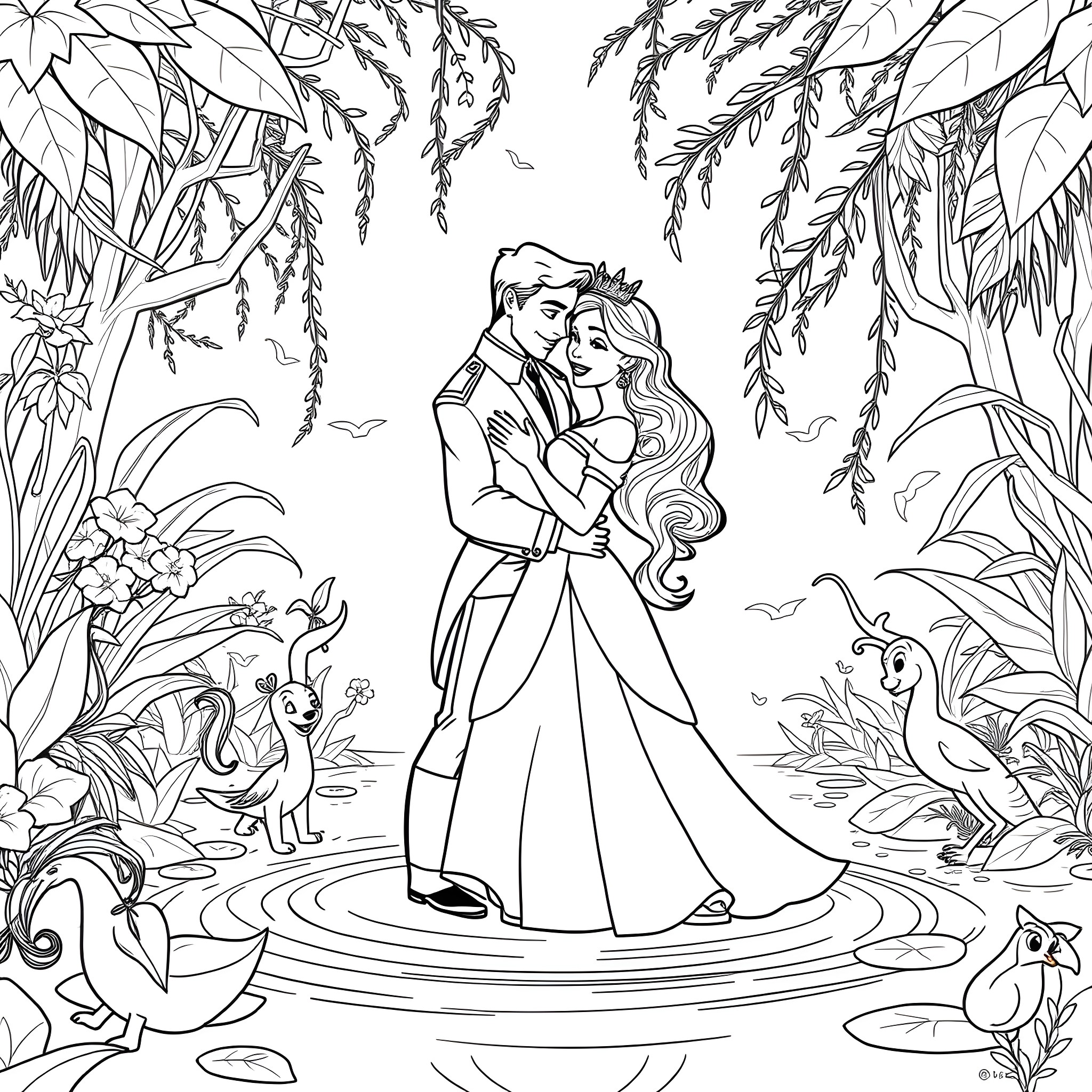 Tiana and Prince Charming in the Enchanted Forest Coloring Page (free black-and-white line drawing printable PDF for all, from beginners to advanced learners, including children, teens, adults, and seniors)