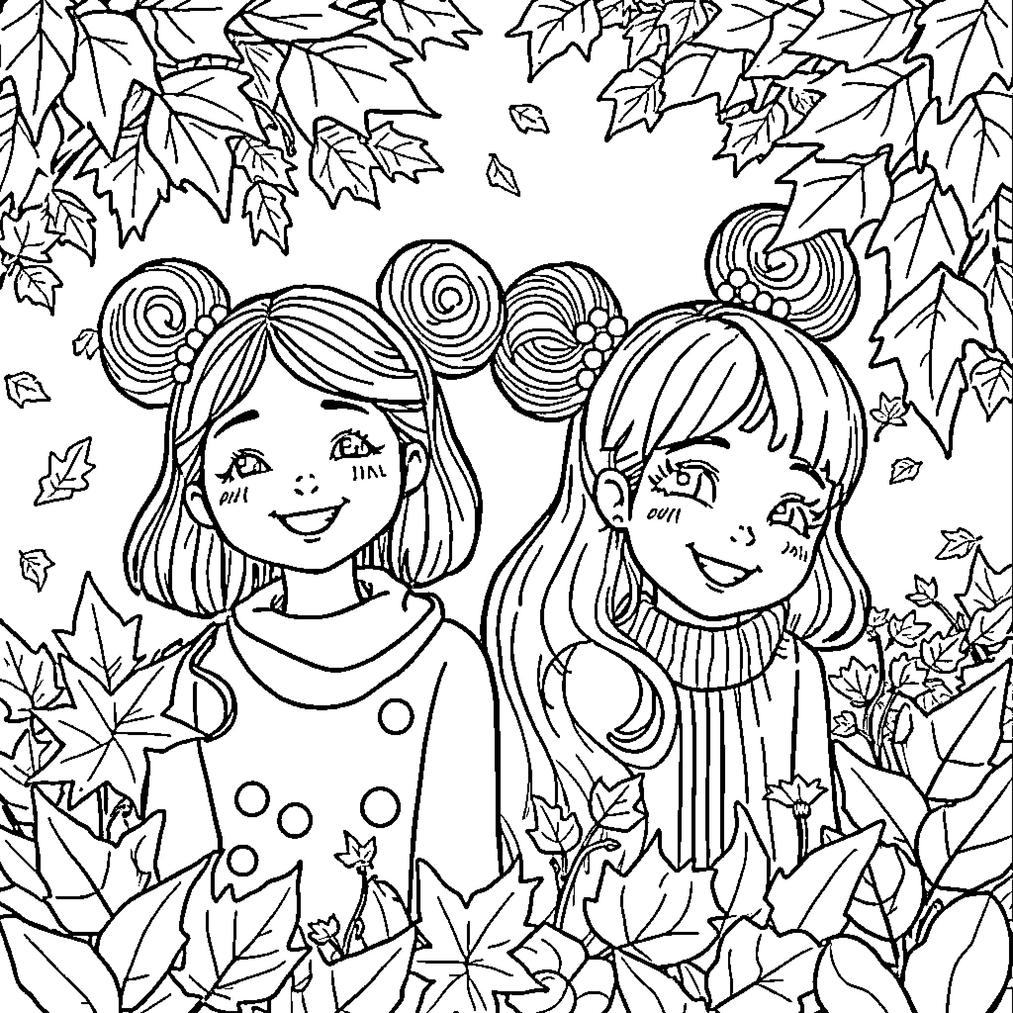 Girls playing in autumn leaves Coloring Page (free black-and-white line drawing printable PDF for all, from beginners to advanced learners, including children, teens, adults, and seniors)