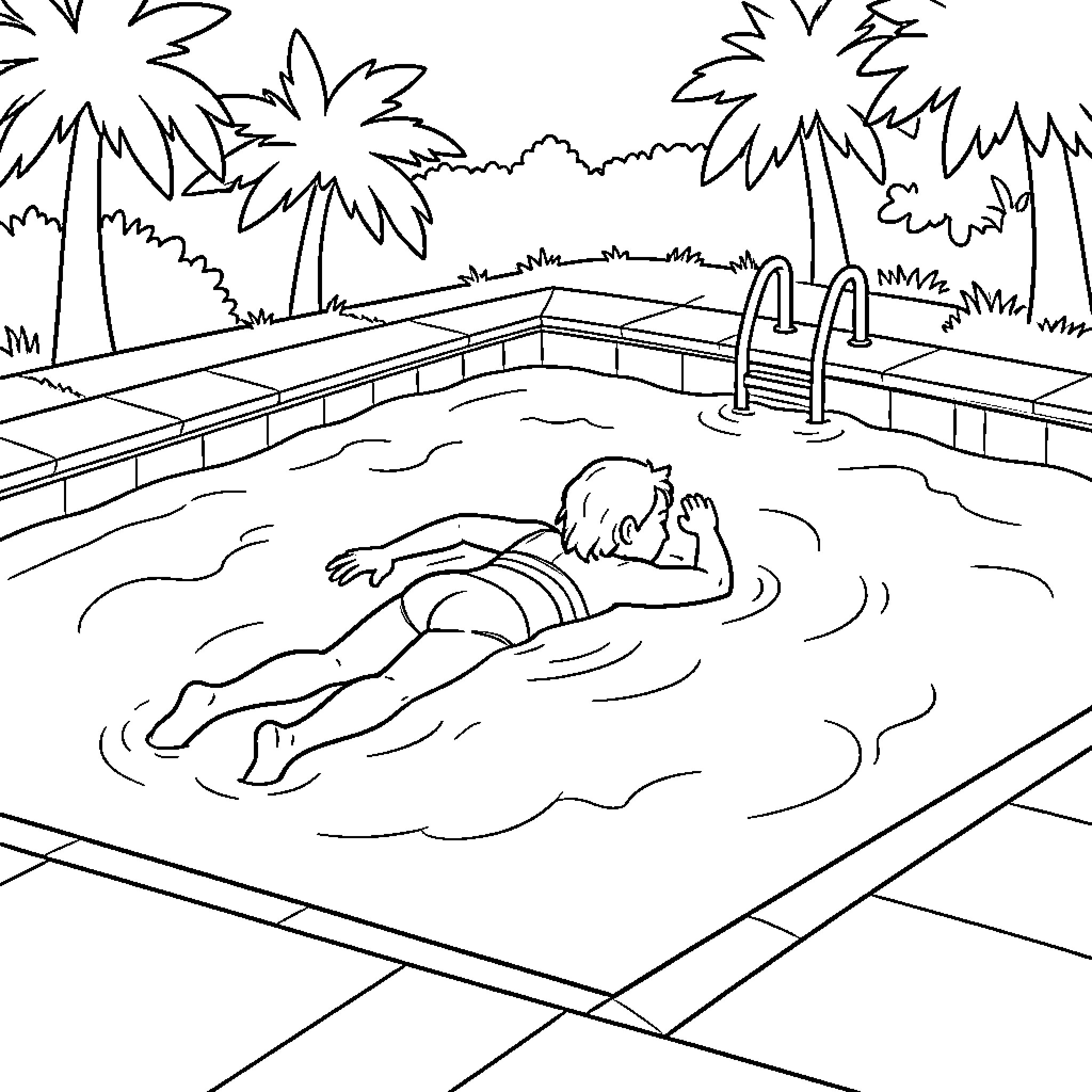 Swimming in a tropical pool Coloring Page (free black-and-white line drawing printable PDF for all, from beginners to advanced learners, including children, teens, adults, and seniors)