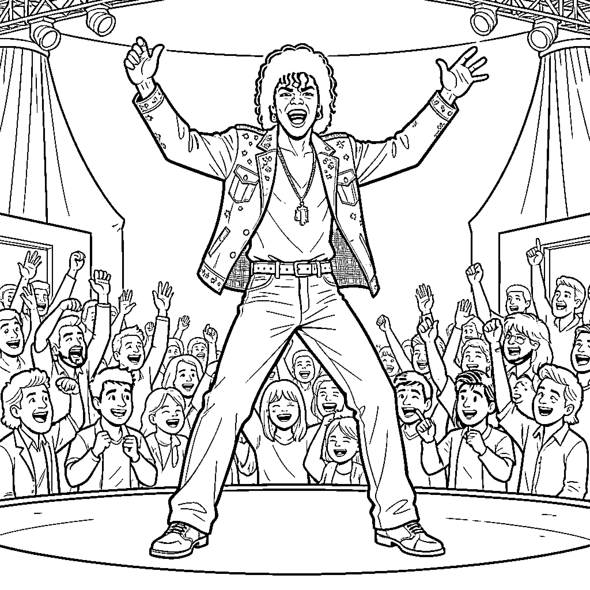 Michael Jackson performing energetically on stage for a crowd Coloring Page (free black-and-white line drawing printable PDF for all, from beginners to advanced learners, including children, teens, adults, and seniors)