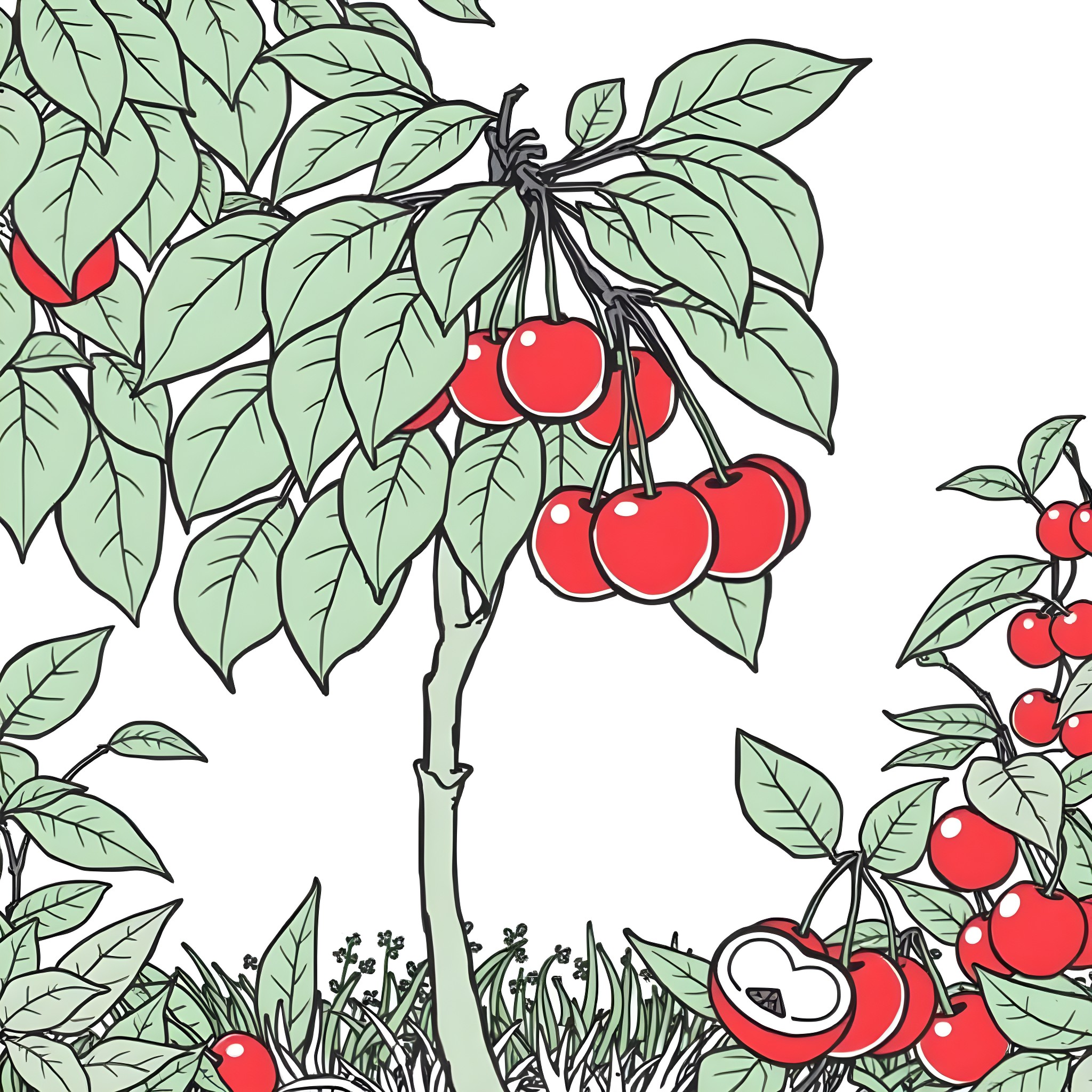 Cherry Blossom Orchard in Nature Coloring Page (free black-and-white line drawing printable PDF for all, from beginners to advanced learners, including children, teens, adults, and seniors)