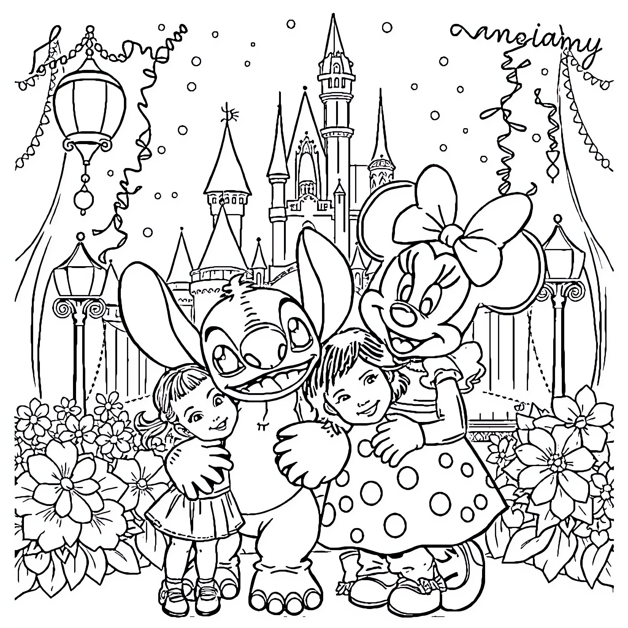 Girl enjoys Disney characters in magical castle scene Coloring Page (free black-and-white line drawing printable PDF for all, from beginners to advanced learners, including children, teens, adults, and seniors)