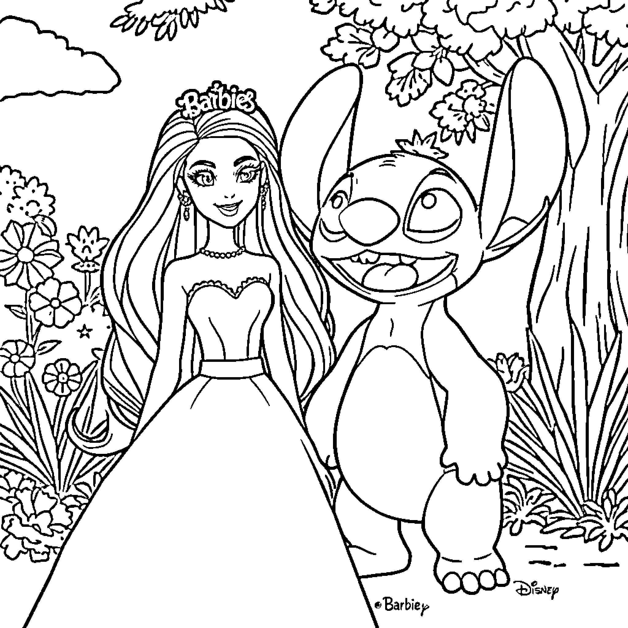 Barbie posing with her friend in a flower-filled scene Coloring Page (free black-and-white line drawing printable PDF for all, from beginners to advanced learners, including children, teens, adults, and seniors)