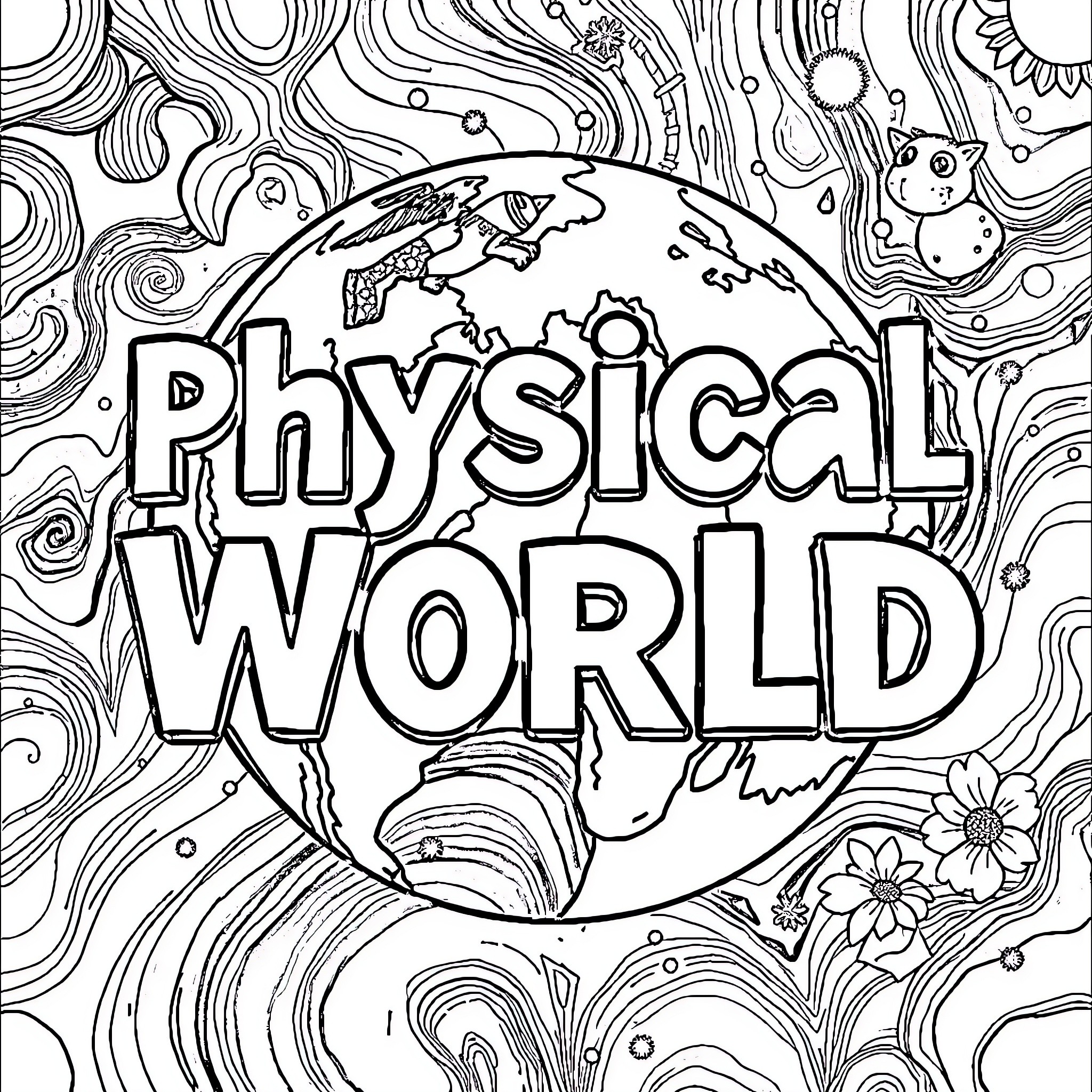 Physical World of Flowing Shapes and Forms Coloring Page (free black-and-white line drawing printable PDF for all, from beginners to advanced learners, including children, teens, adults, and seniors)