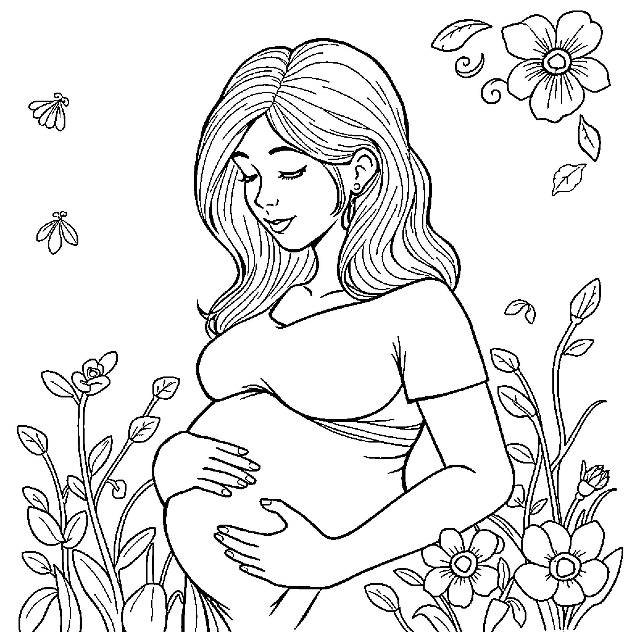 Breast Cancer Prevention: Expecting Mother Surrounded by Flowers Coloring Page (free black-and-white line drawing printable PDF for all, from beginners to advanced learners, including children, teens, adults, and seniors)