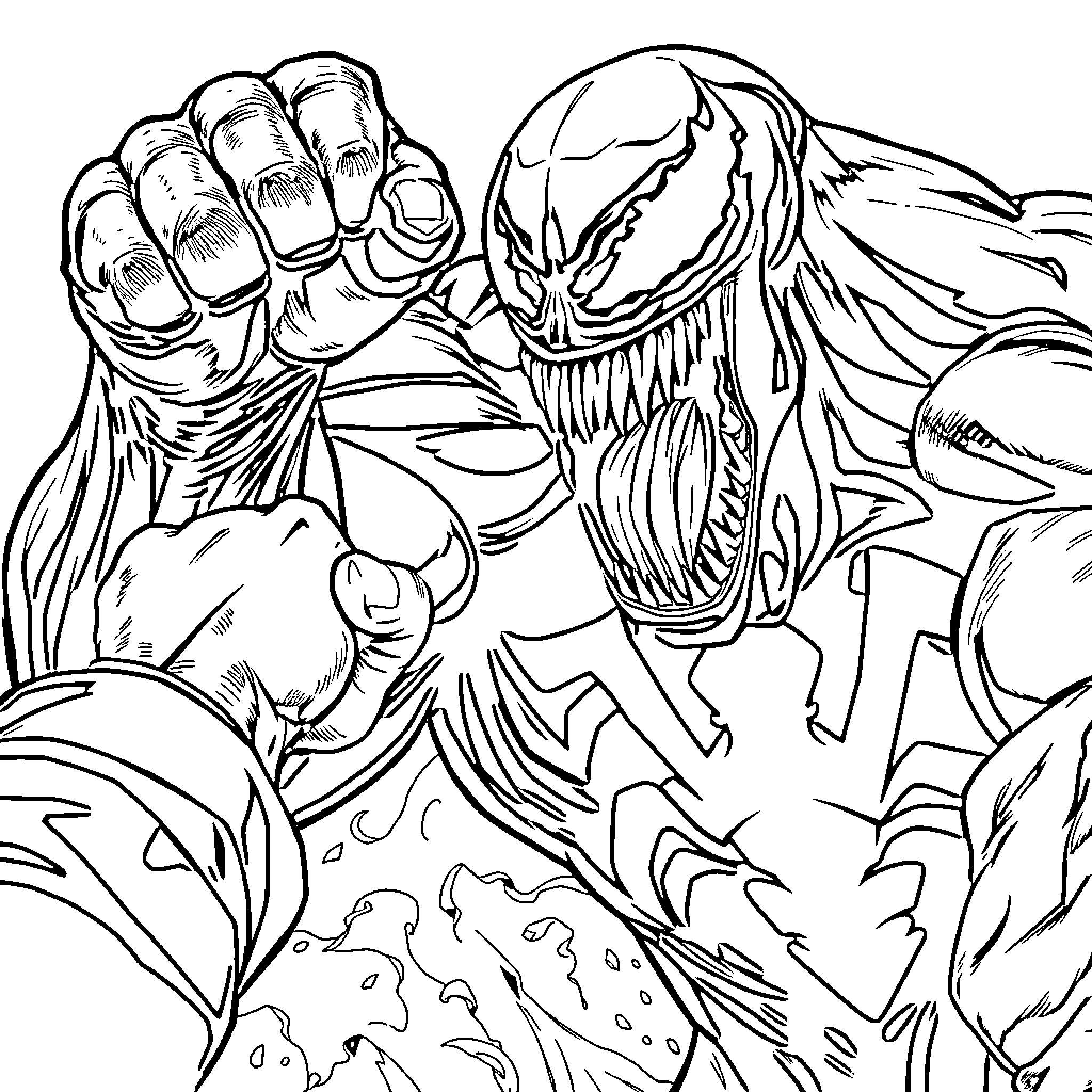 Venom's Fierce Confrontation Coloring Page (free black-and-white line drawing printable PDF for all, from beginners to advanced learners, including children, teens, adults, and seniors)