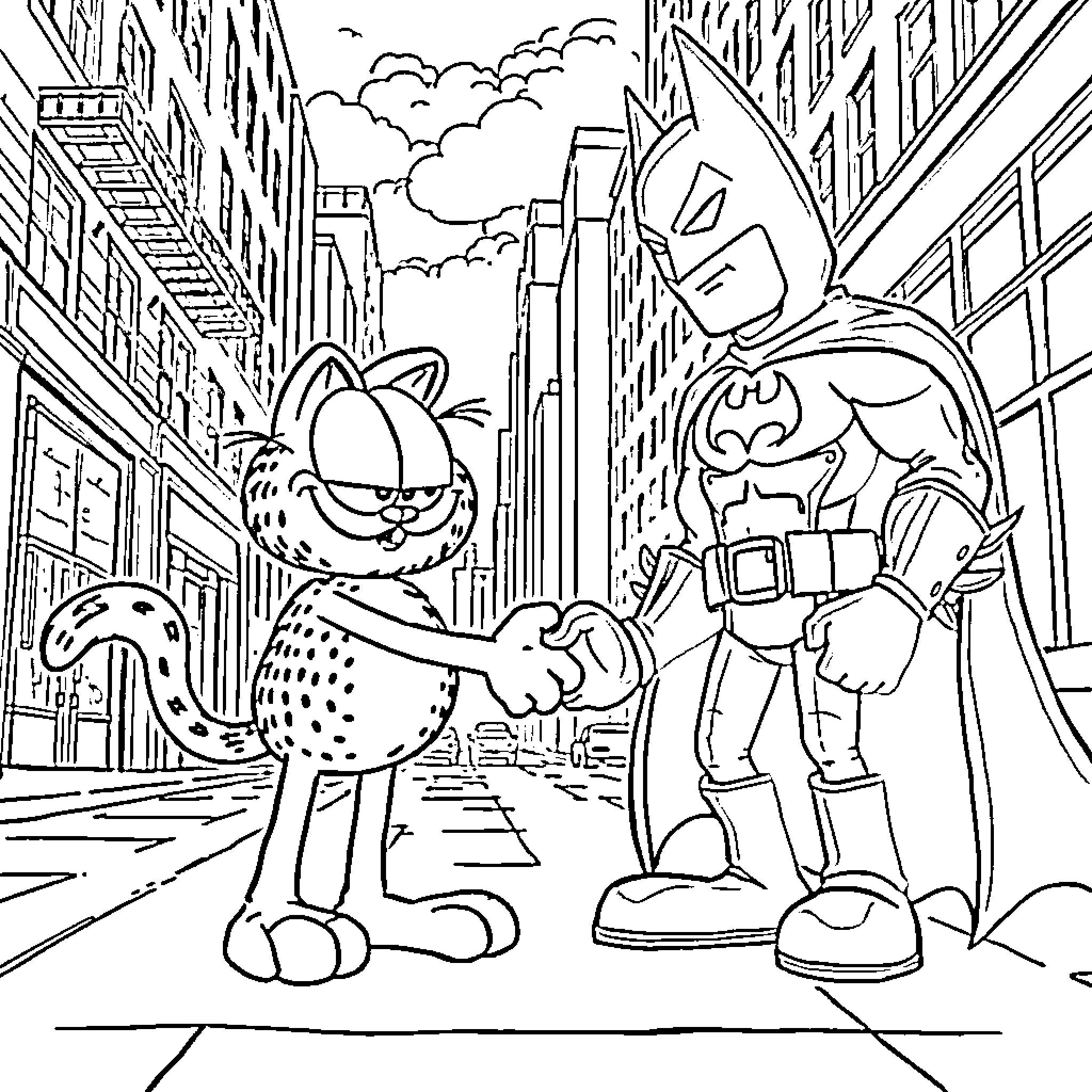 Garfield meets Batman in the city streets Coloring Page (free black-and-white line drawing printable PDF for all, from beginners to advanced learners, including children, teens, adults, and seniors)