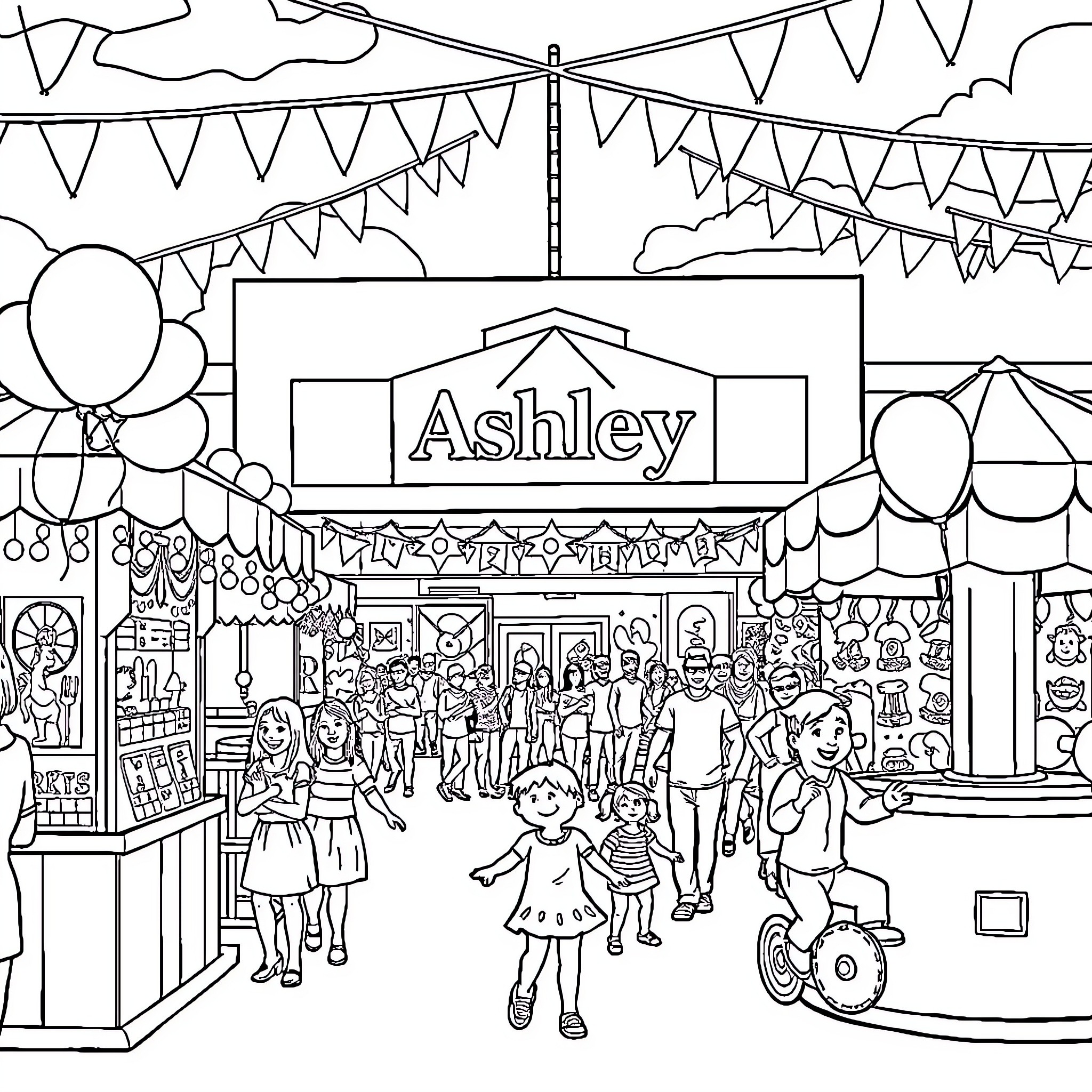 Carnival Scene with Decorations and Festive Atmosphere Coloring Page (free black-and-white line drawing printable PDF for all, from beginners to advanced learners, including children, teens, adults, and seniors)