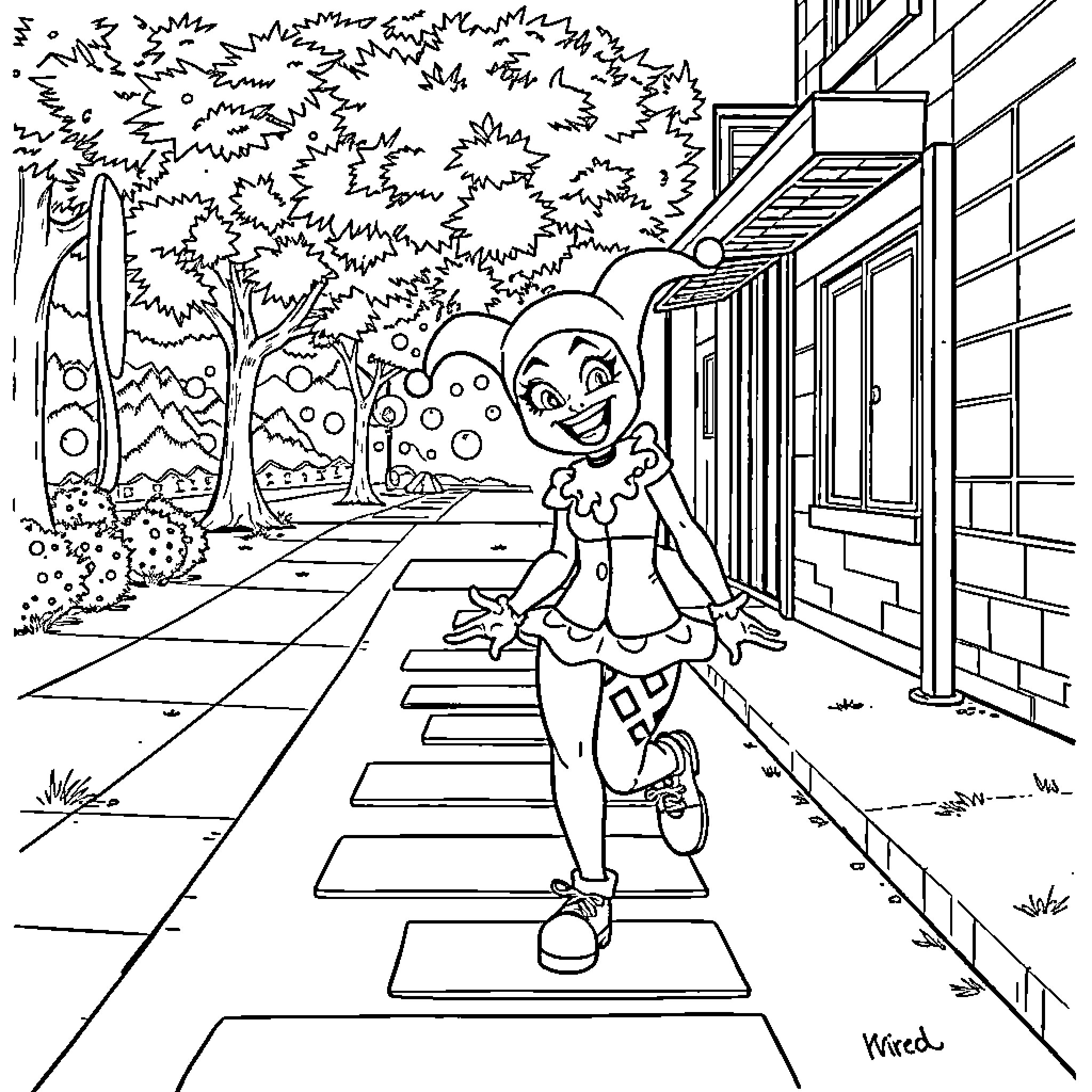 Harley Quinn exploring a colorful outdoor scene Coloring Page (free black-and-white line drawing printable PDF for all, from beginners to advanced learners, including children, teens, adults, and seniors)