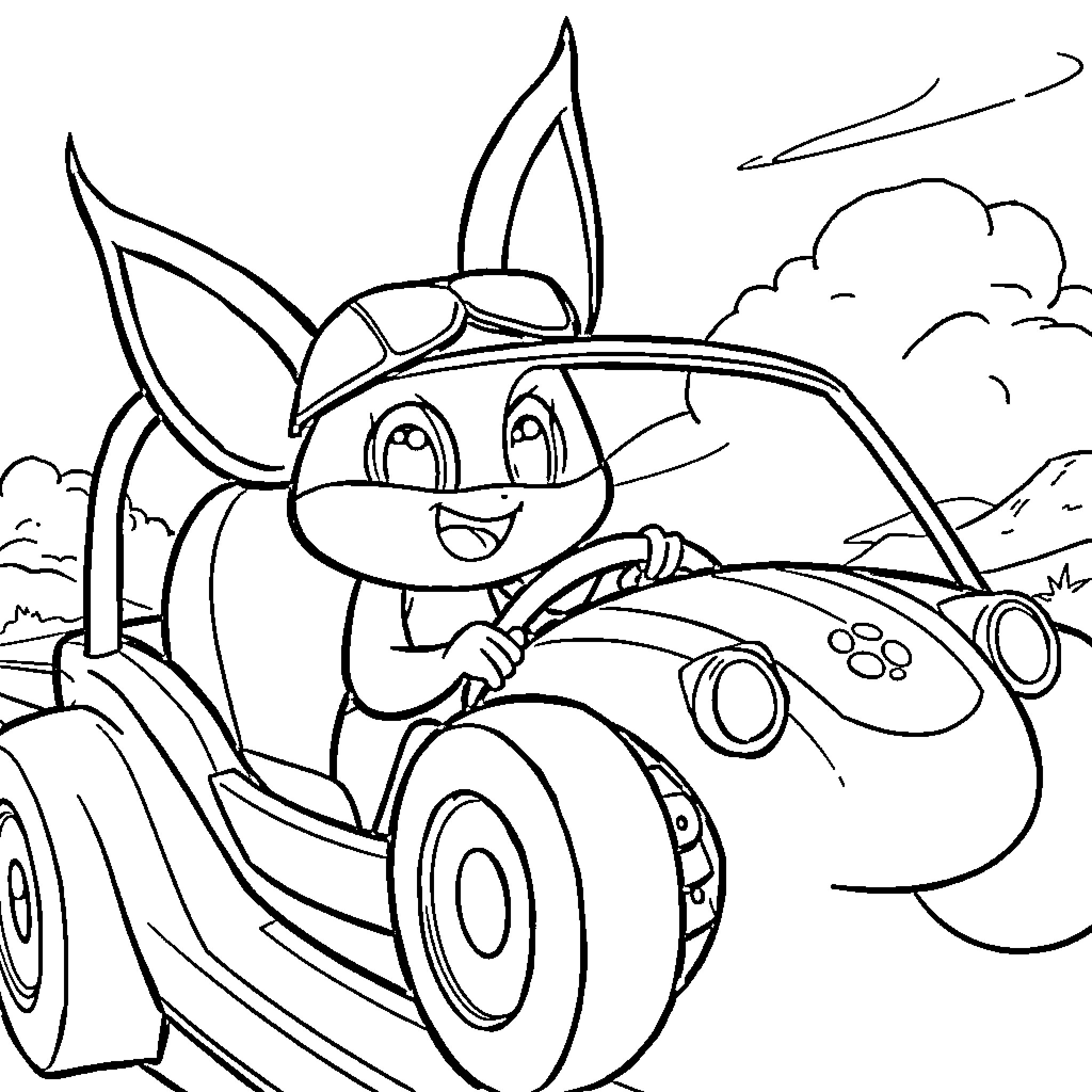 Pat'Patrouille Happy Character Driving Cartoon Vehicle Coloring Page (free black-and-white line drawing printable PDF for all, from beginners to advanced learners, including children, teens, adults, and seniors)