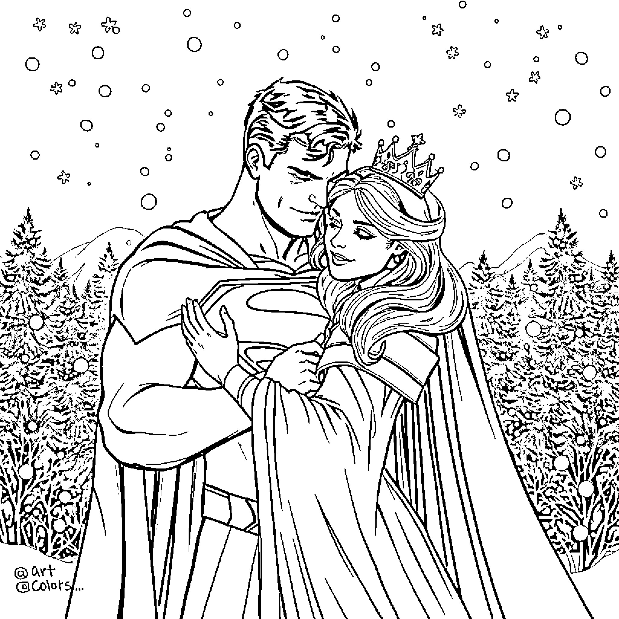 Superman embracing a princess in winter wonderland Coloring Page (free black-and-white line drawing printable PDF for all, from beginners to advanced learners, including children, teens, adults, and seniors)