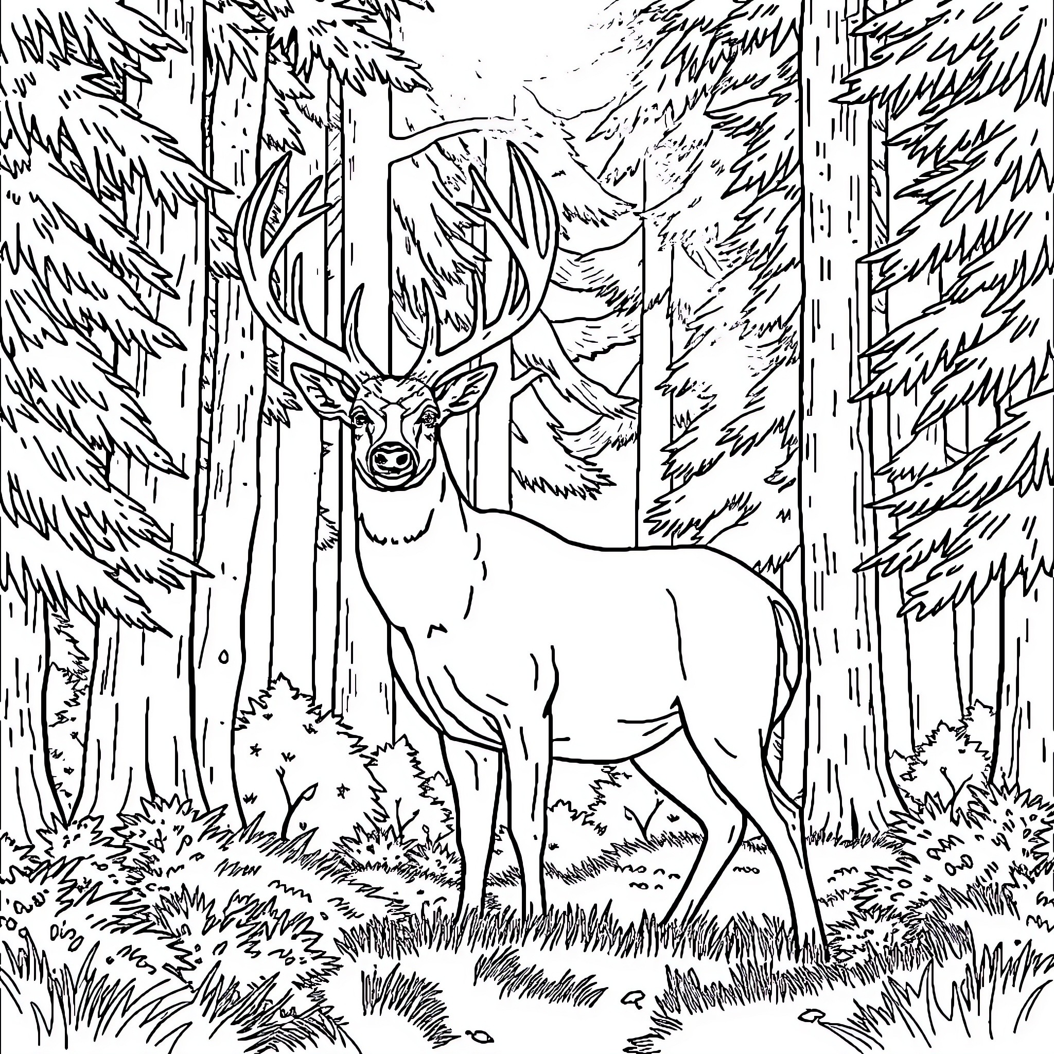 Deer standing tall in the forest Coloring Page (free black-and-white line drawing printable PDF for all, from beginners to advanced learners, including children, teens, adults, and seniors)