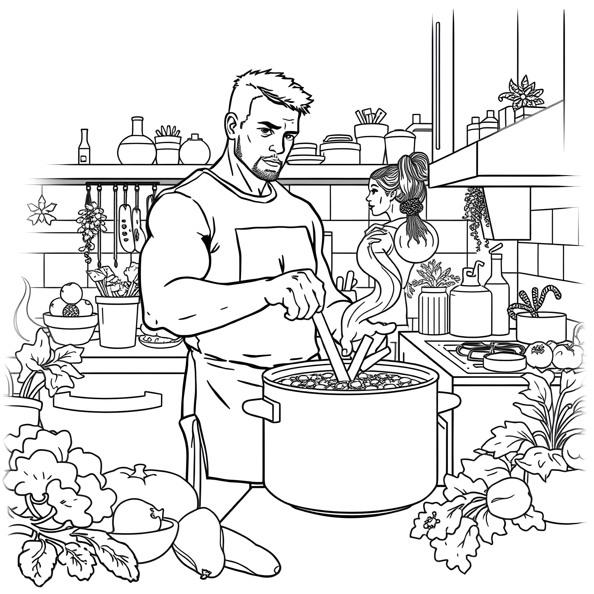 John Cena Cooking a Hearty Meal with Loved One Coloring Page (free black-and-white line drawing printable PDF for all, from beginners to advanced learners, including children, teens, adults, and seniors)
