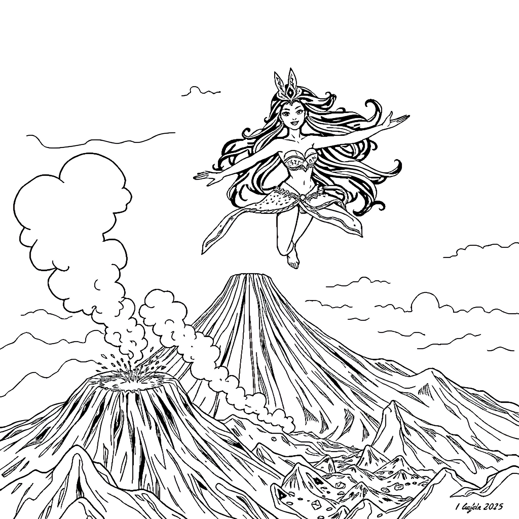 Vaiana soaring over a volcanic landscape Coloring Page (free black-and-white line drawing printable PDF for all, from beginners to advanced learners, including children, teens, adults, and seniors)