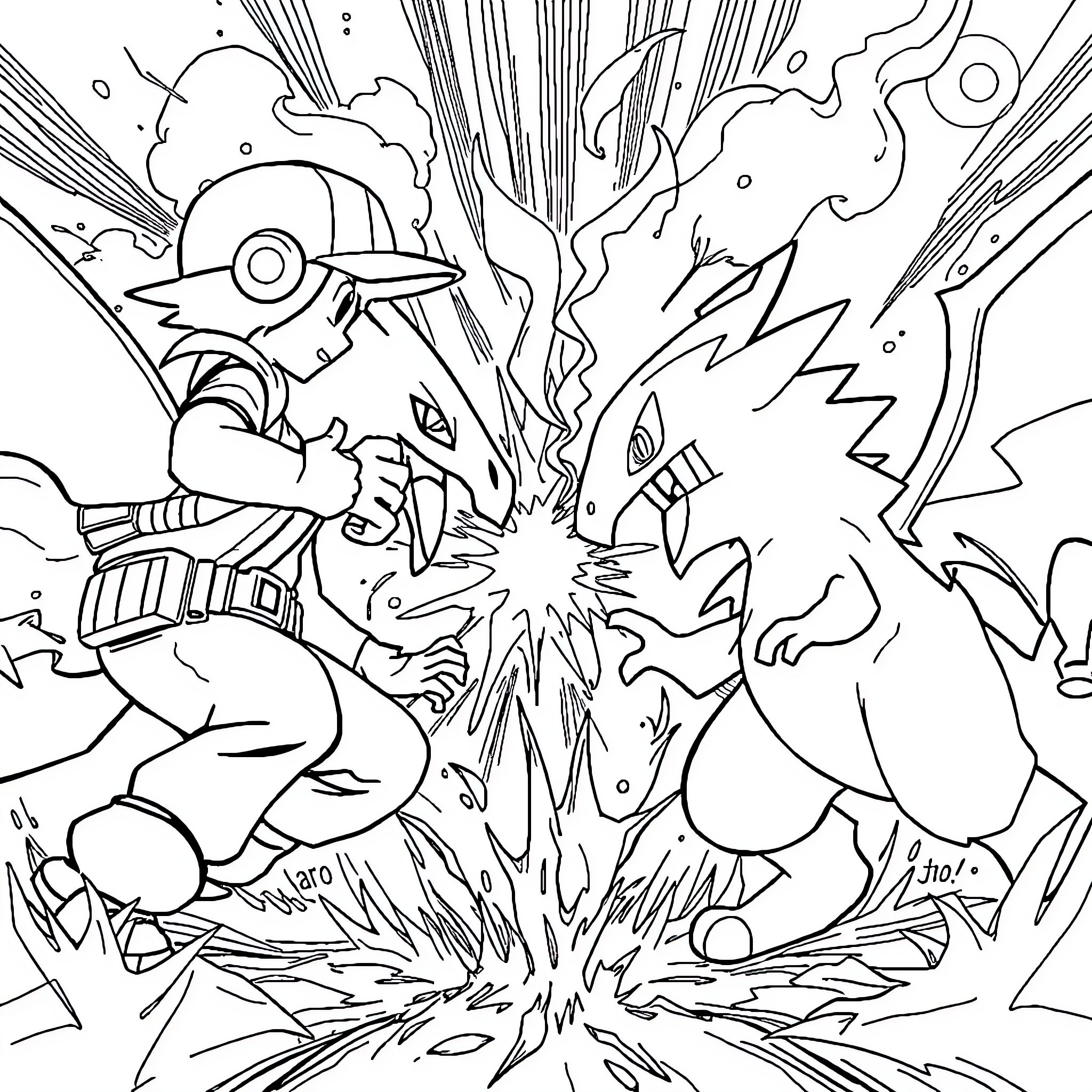 Pokémon battle with powerful attacks and explosions Coloring Page (free black-and-white line drawing printable PDF for all, from beginners to advanced learners, including children, teens, adults, and seniors)
