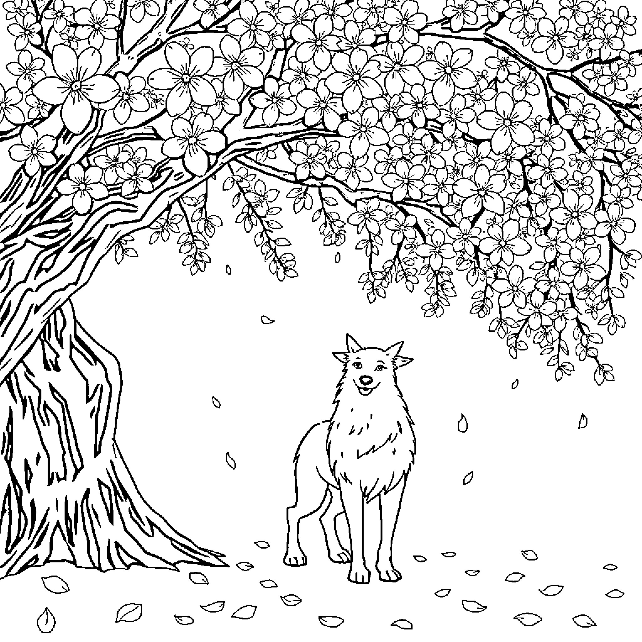 Huntrix: Whimsical Floral Frenzy with Curious Canine Coloring Page (free black-and-white line drawing printable PDF for all, from beginners to advanced learners, including children, teens, adults, and seniors)