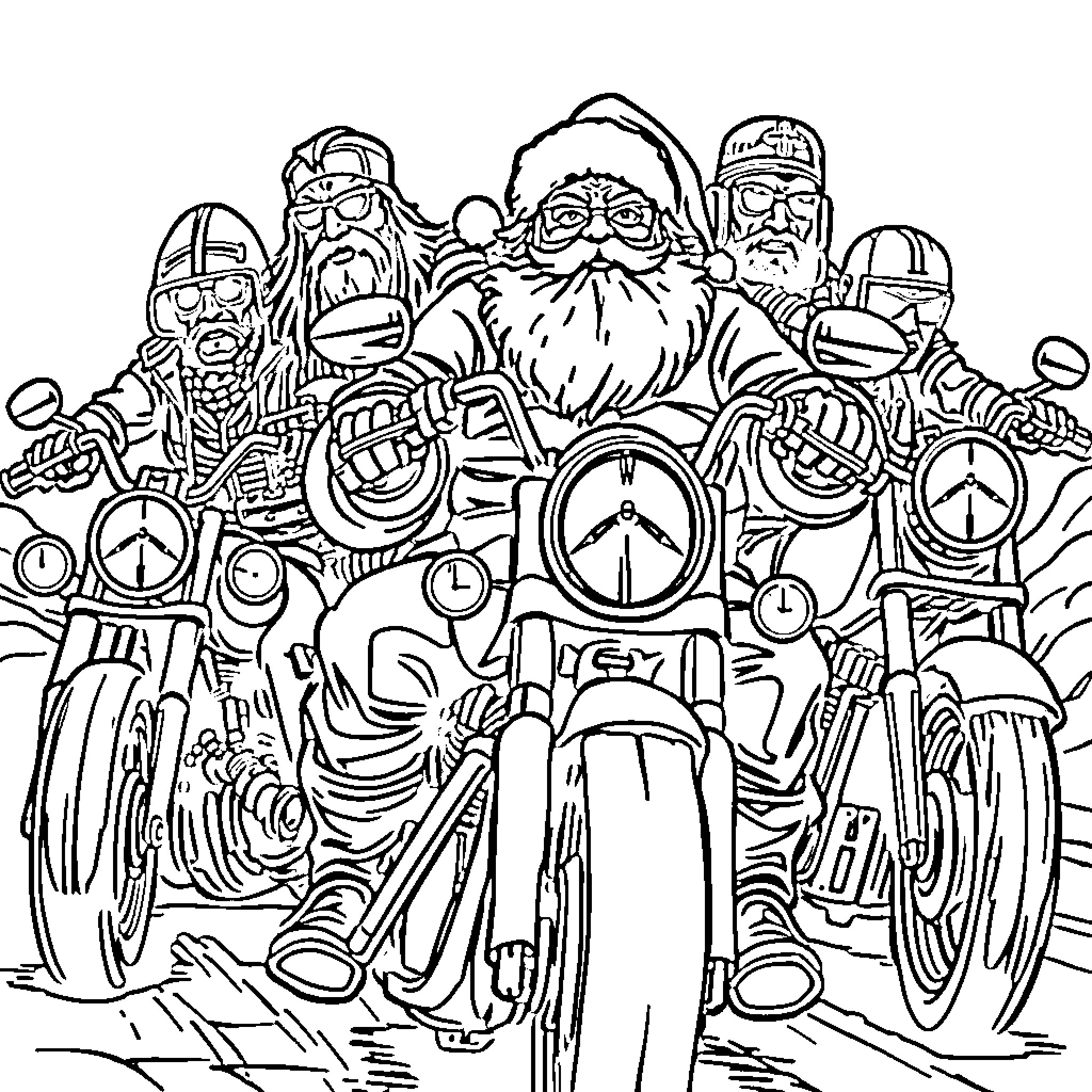 Santa Claus leading a biker gang down the road Coloring Page (free black-and-white line drawing printable PDF for all, from beginners to advanced learners, including children, teens, adults, and seniors)
