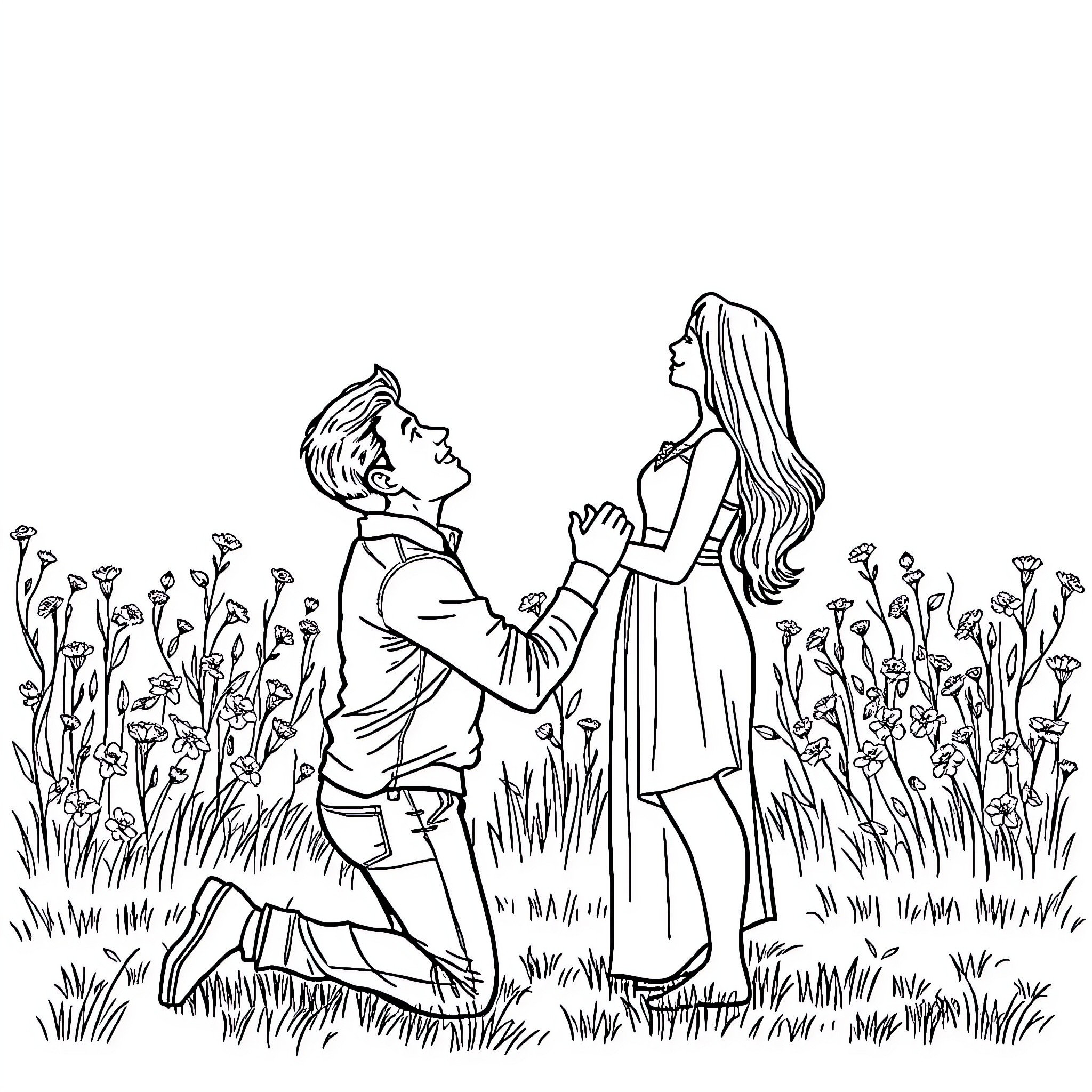 Man Proposing to Woman in Floral Field Coloring Page (free black-and-white line drawing printable PDF for all, from beginners to advanced learners, including children, teens, adults, and seniors)