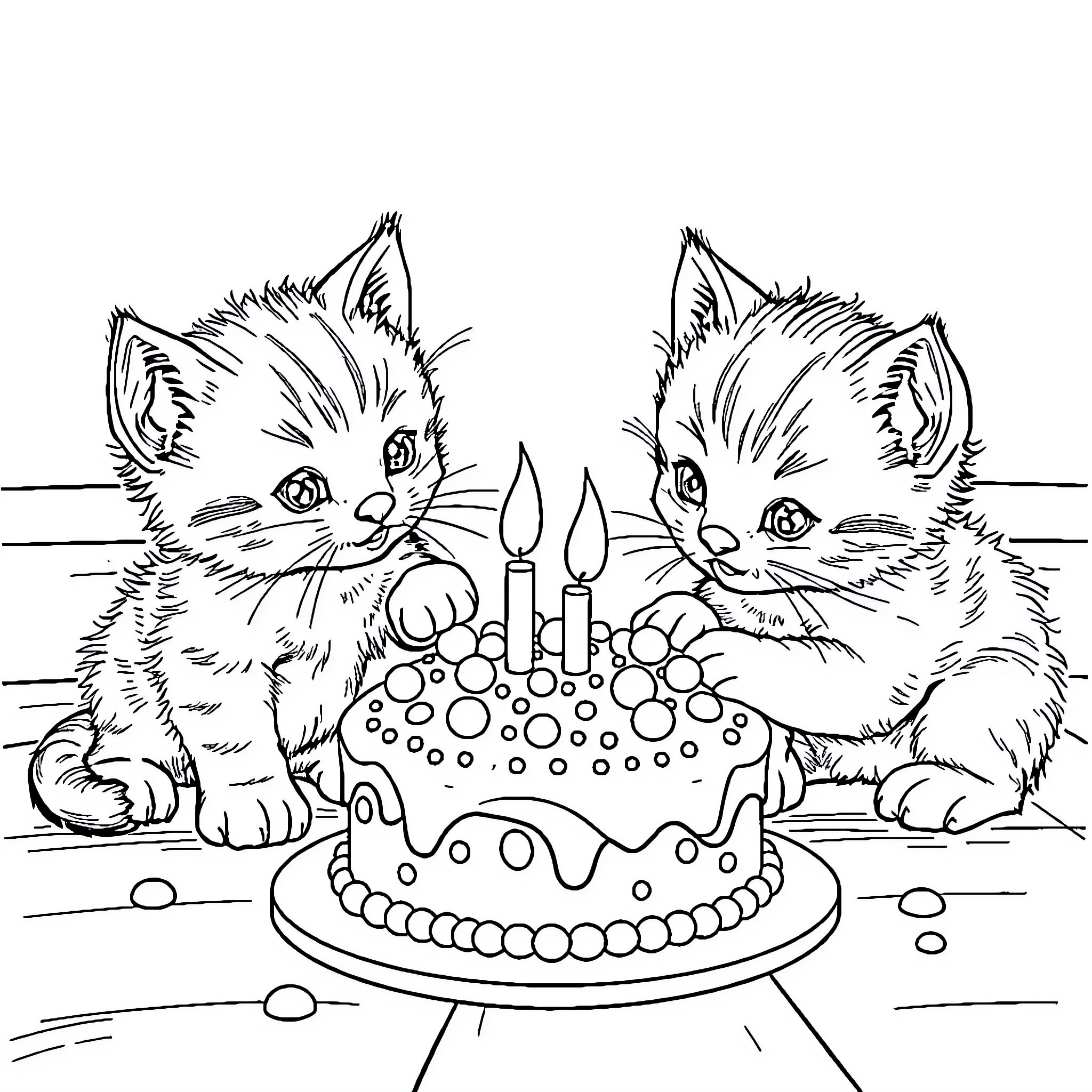 Kittens Admiring Birthday Cake Coloring Page (free black-and-white line drawing printable PDF for all, from beginners to advanced learners, including children, teens, adults, and seniors)