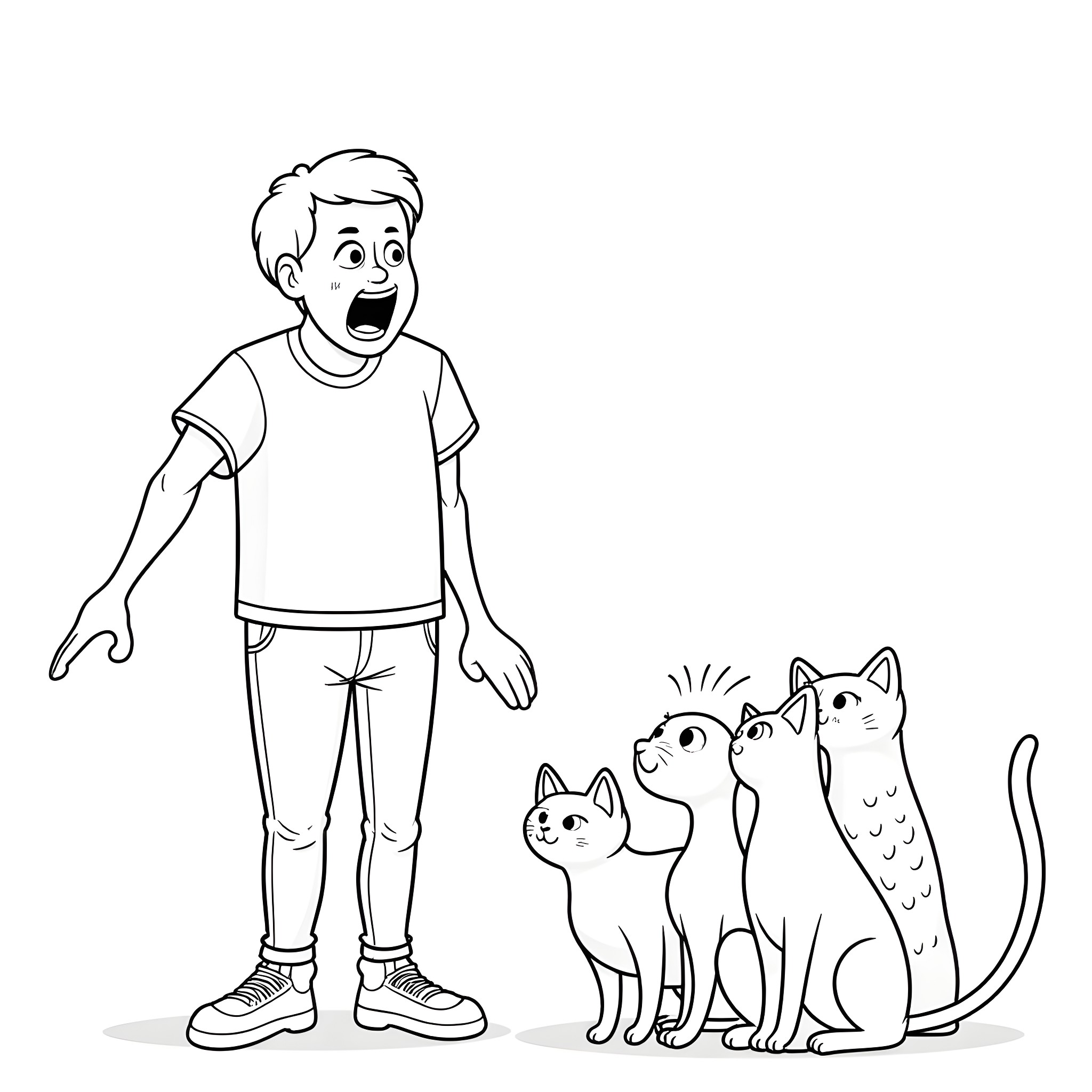Man surprised by mischievous cats Coloring Page (free black-and-white line drawing printable PDF for all, from beginners to advanced learners, including children, teens, adults, and seniors)