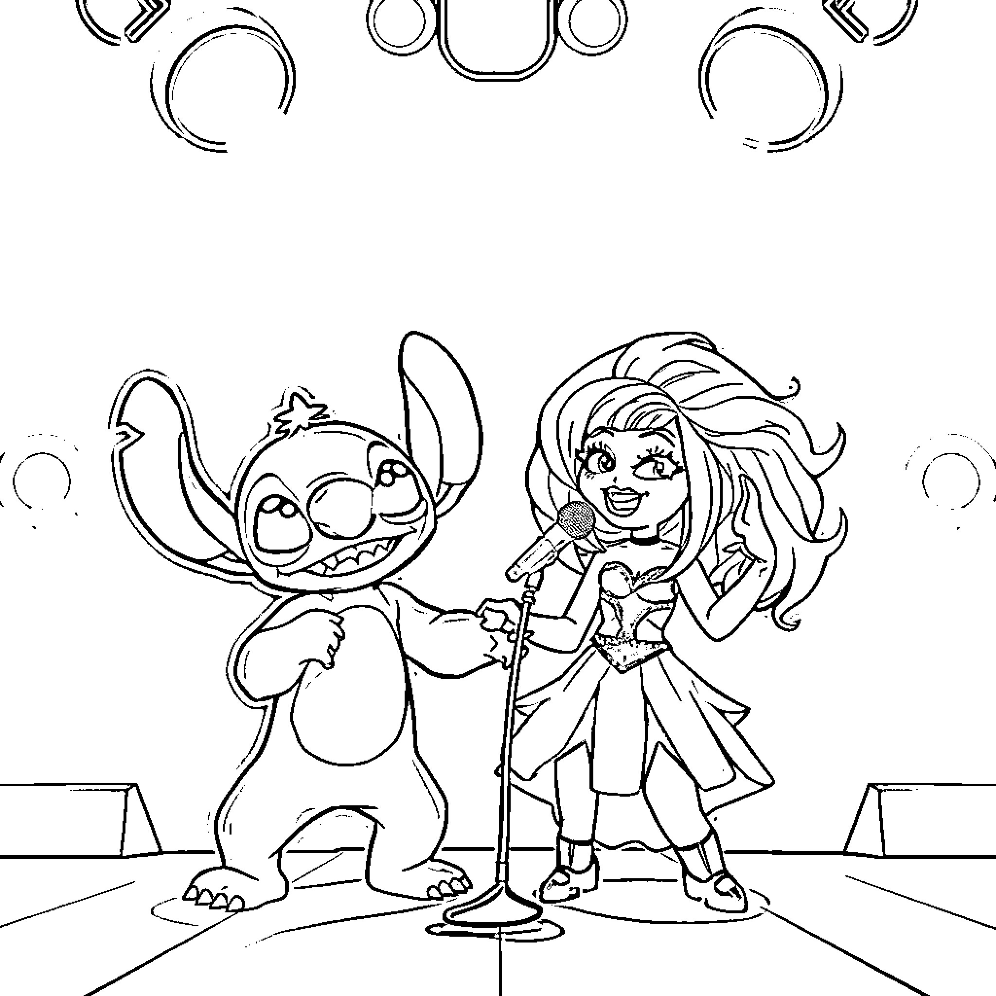 Stitch and a Girl Perform on Stage Coloring Page (free black-and-white line drawing printable PDF for all, from beginners to advanced learners, including children, teens, adults, and seniors)