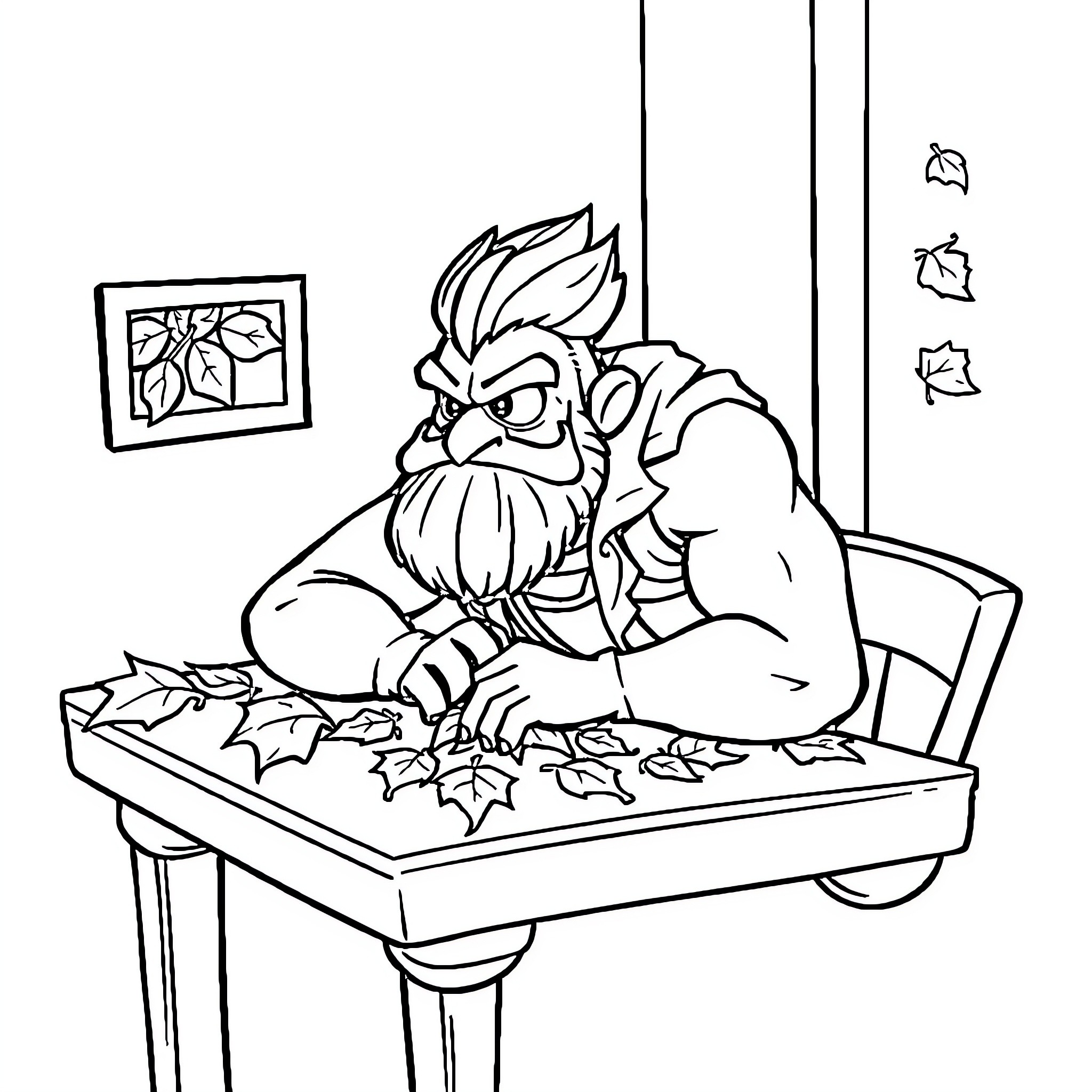 Brawlstar Angry Gnome Crushing Autumn Leaves Coloring Page (free black-and-white line drawing printable PDF for all, from beginners to advanced learners, including children, teens, adults, and seniors)